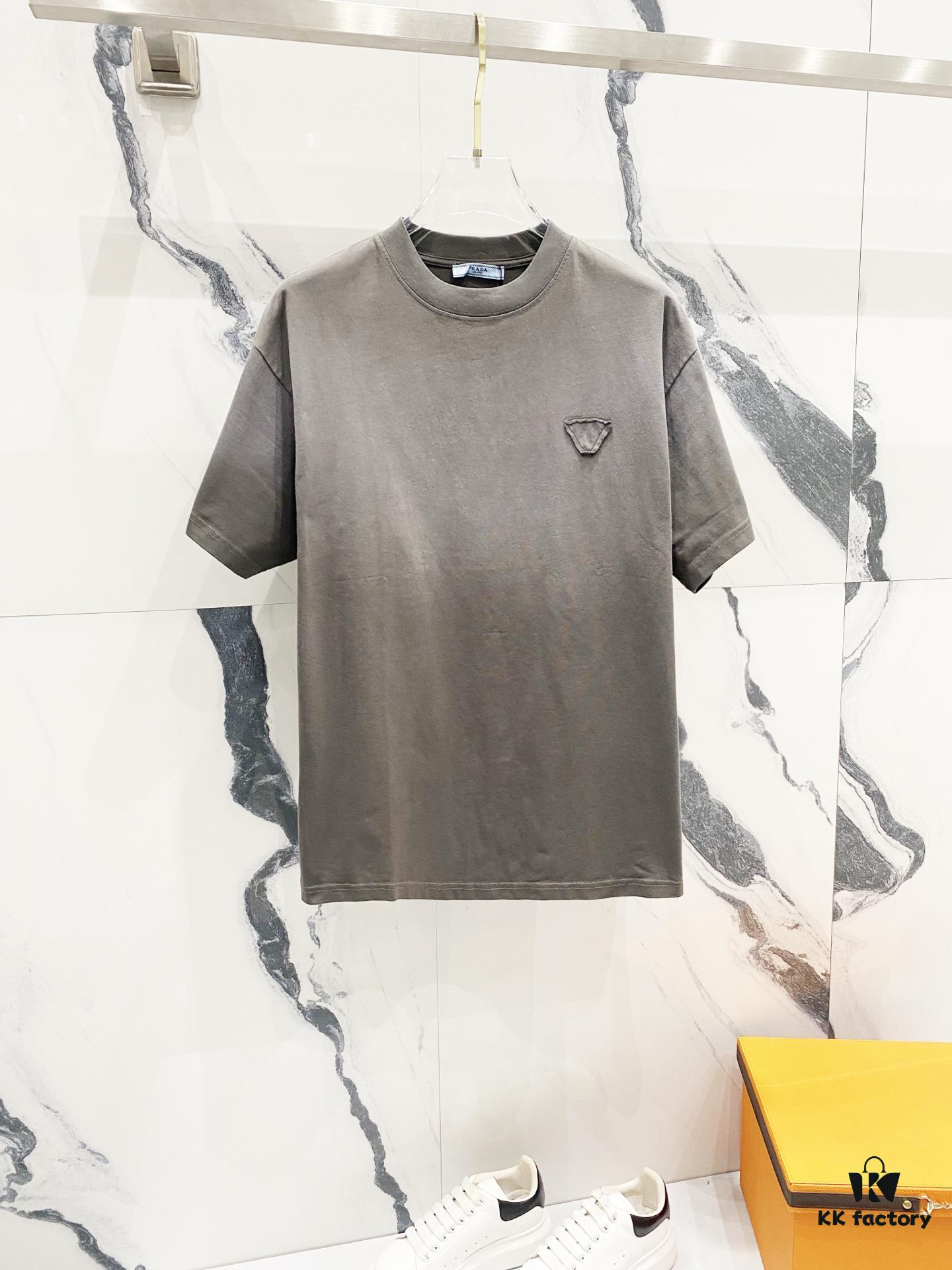 6931a118ccd8ab3d7af94ff8 PRADA Washed 320g Short Sleeve T-Shirt with Minimalist Triangular Embroidered Logo