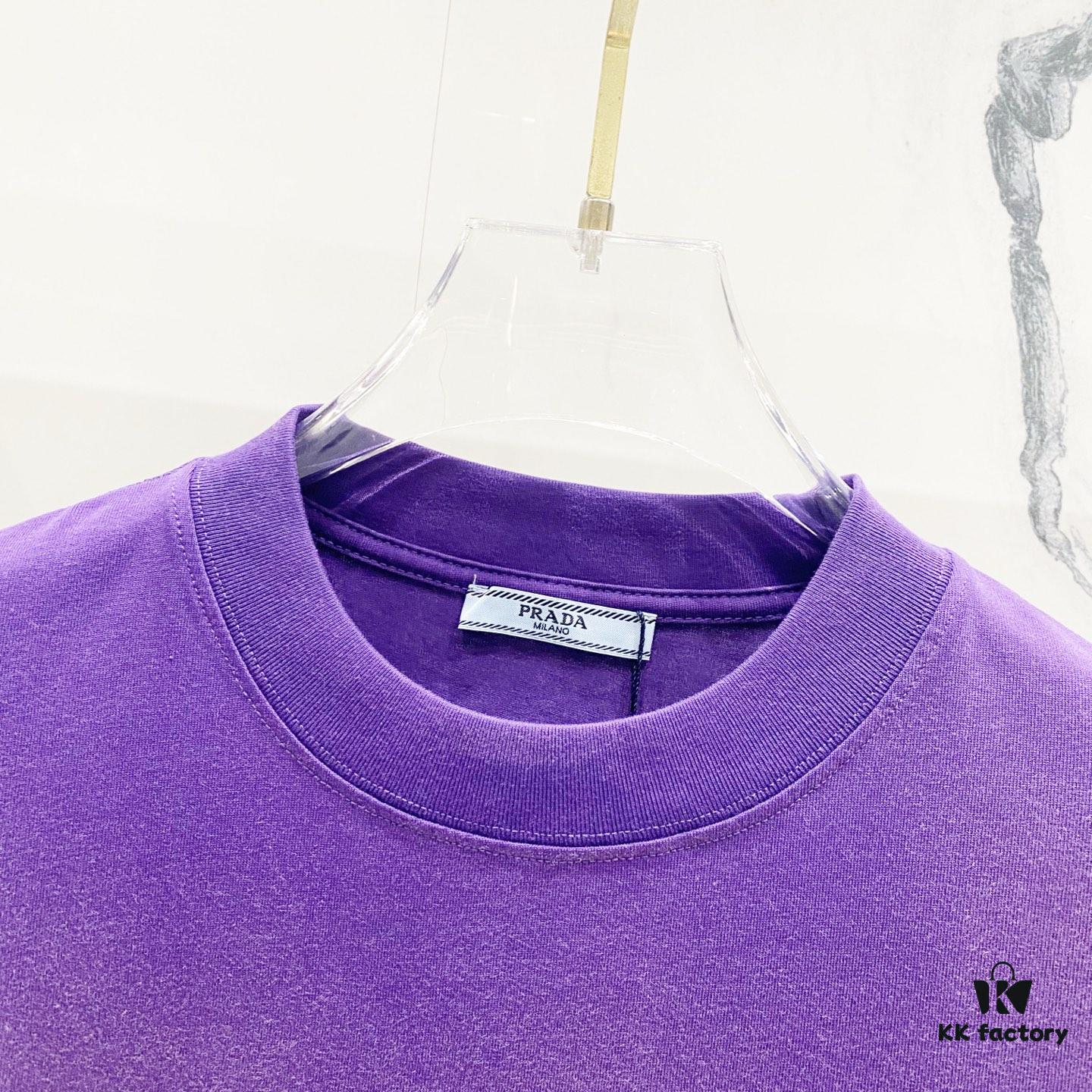 6931a119ccd8ab3d7af95011 PRADA/Prada 320g Washed Short Sleeve T-Shirt with Minimalist Triangular Logo Embroidery