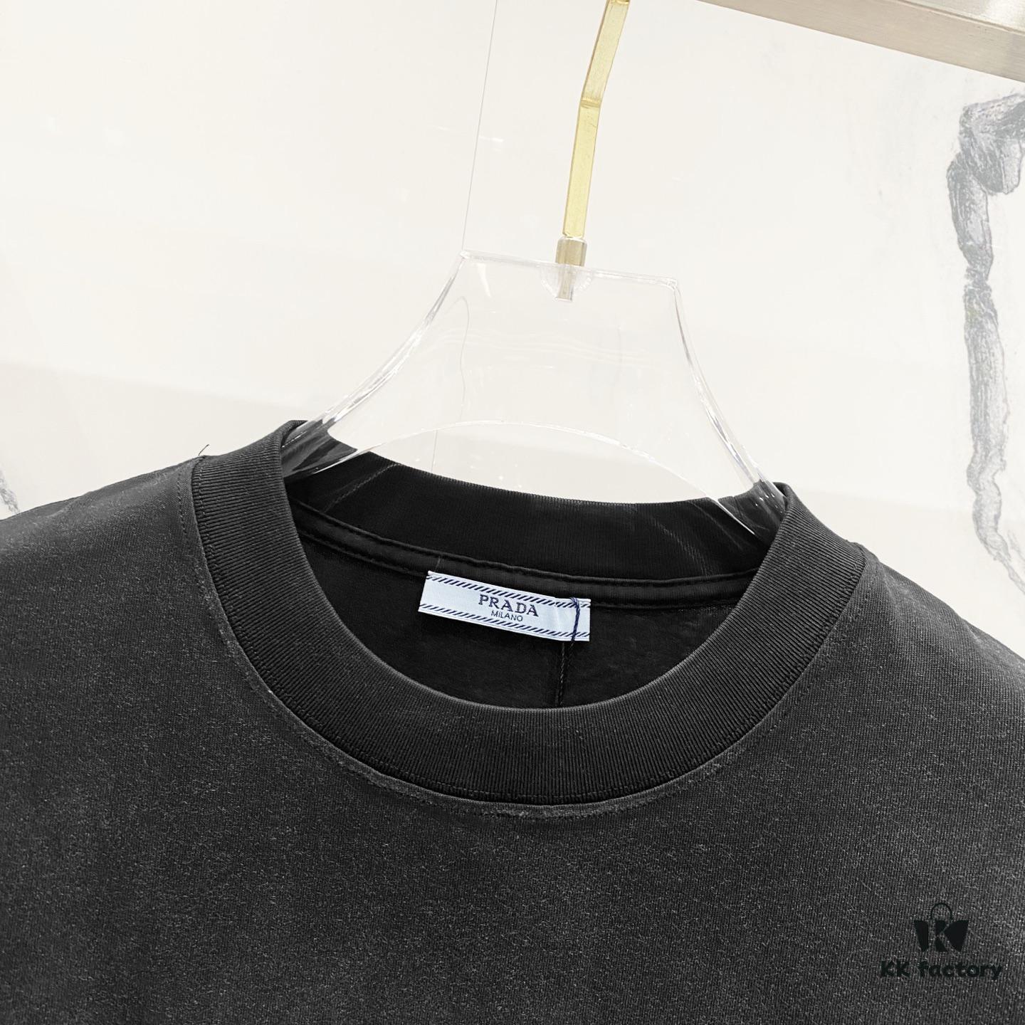 6931a11accd8ab3d7af95022 PRADA/Prada 320g Washed Short Sleeve T-Shirt with Minimalist Triangular Logo Embroidery