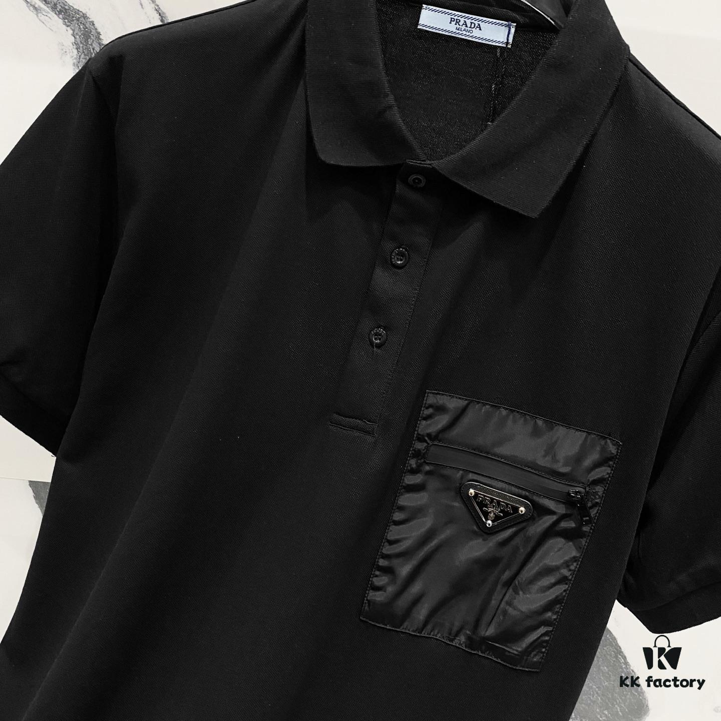 6931a11bccd8ab3d7af95034 PRADA Men's Polo Shirt with Lapel, Nylon Pocket Zipper Design, Brand Triangle Logo Metal Badge