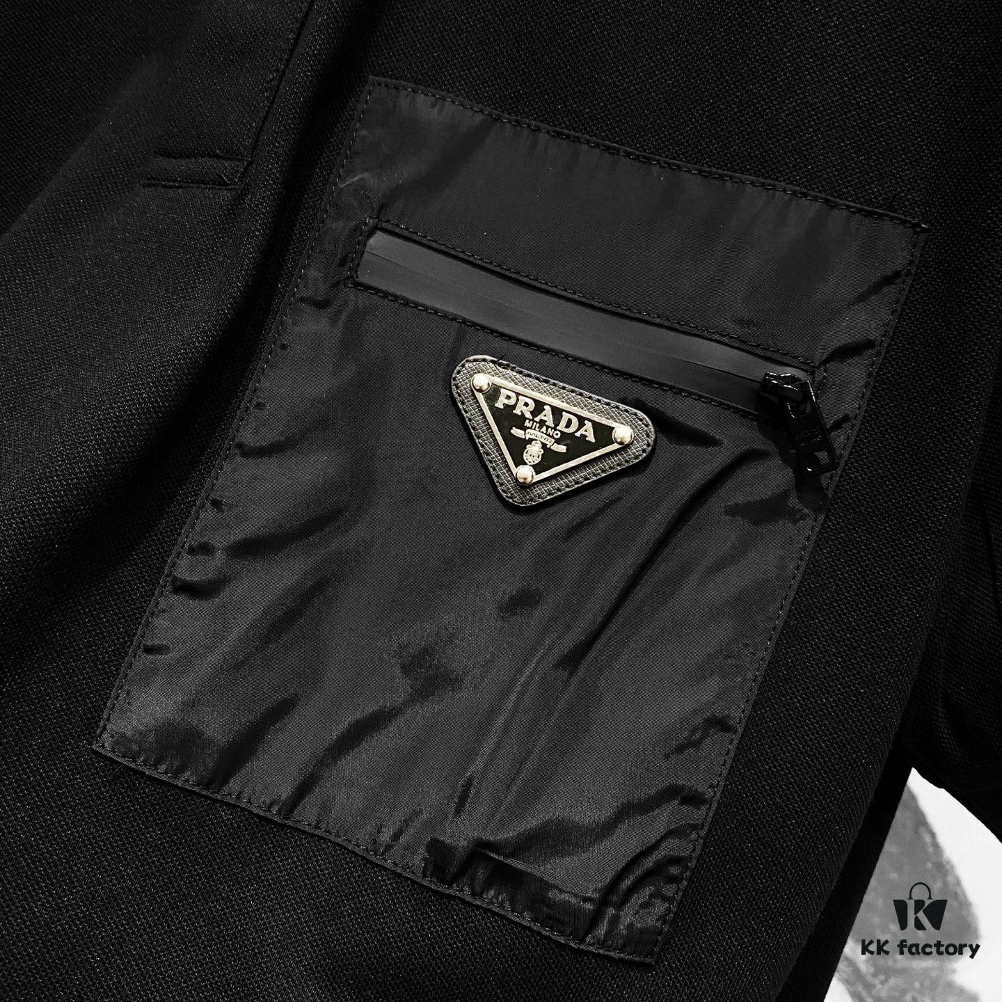 6931a11bccd8ab3d7af95035 PRADA Men's Polo Shirt with Lapel, Nylon Pocket Zipper Design, Brand Triangle Logo Metal Badge
