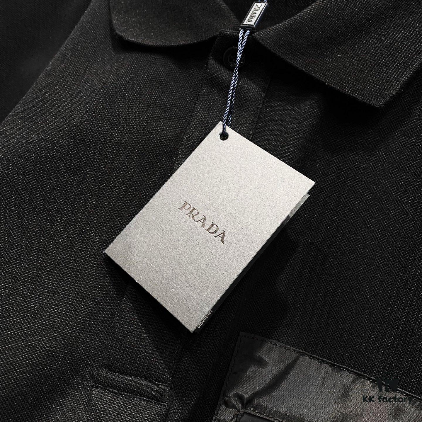 6931a11bccd8ab3d7af95036 PRADA Men's Polo Shirt with Lapel, Nylon Pocket Zipper Design, Brand Triangle Logo Metal Badge