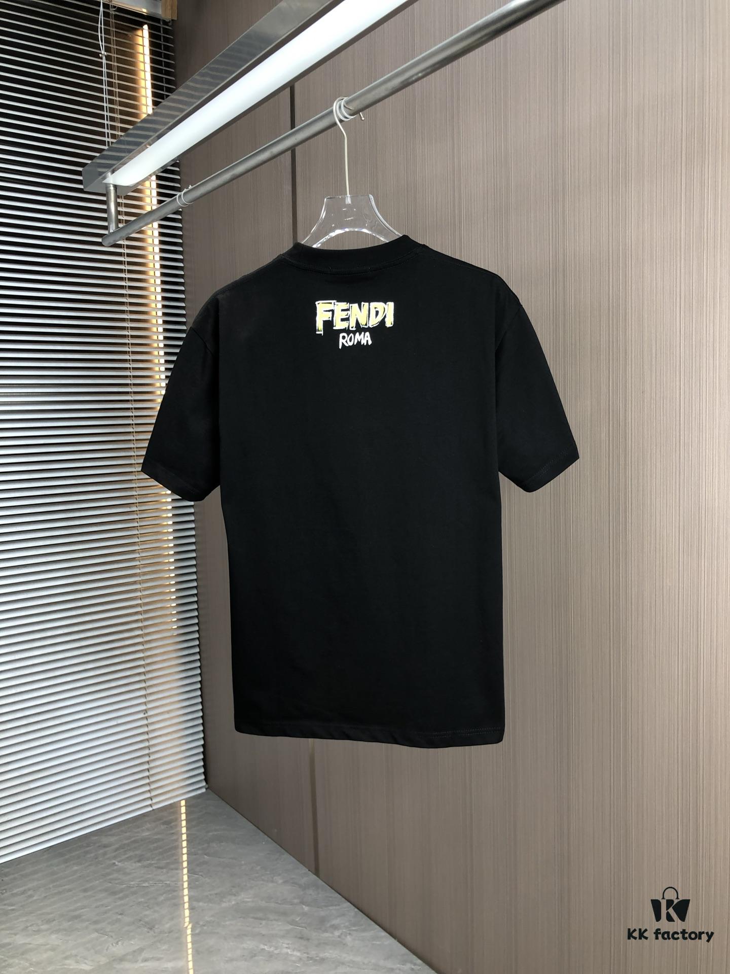 6931a12fccd8ab3d7af951d2 FENDI Fendi 2025 Spring/Summer New Arrival Round Neck Short Sleeve T-Shirt with Hand-Painted Front and Back Print, Made from 320g Double-Yarn Combed Cotton, Slightly Loose Fit, Soft and Substantial Fabric, Unisex Design