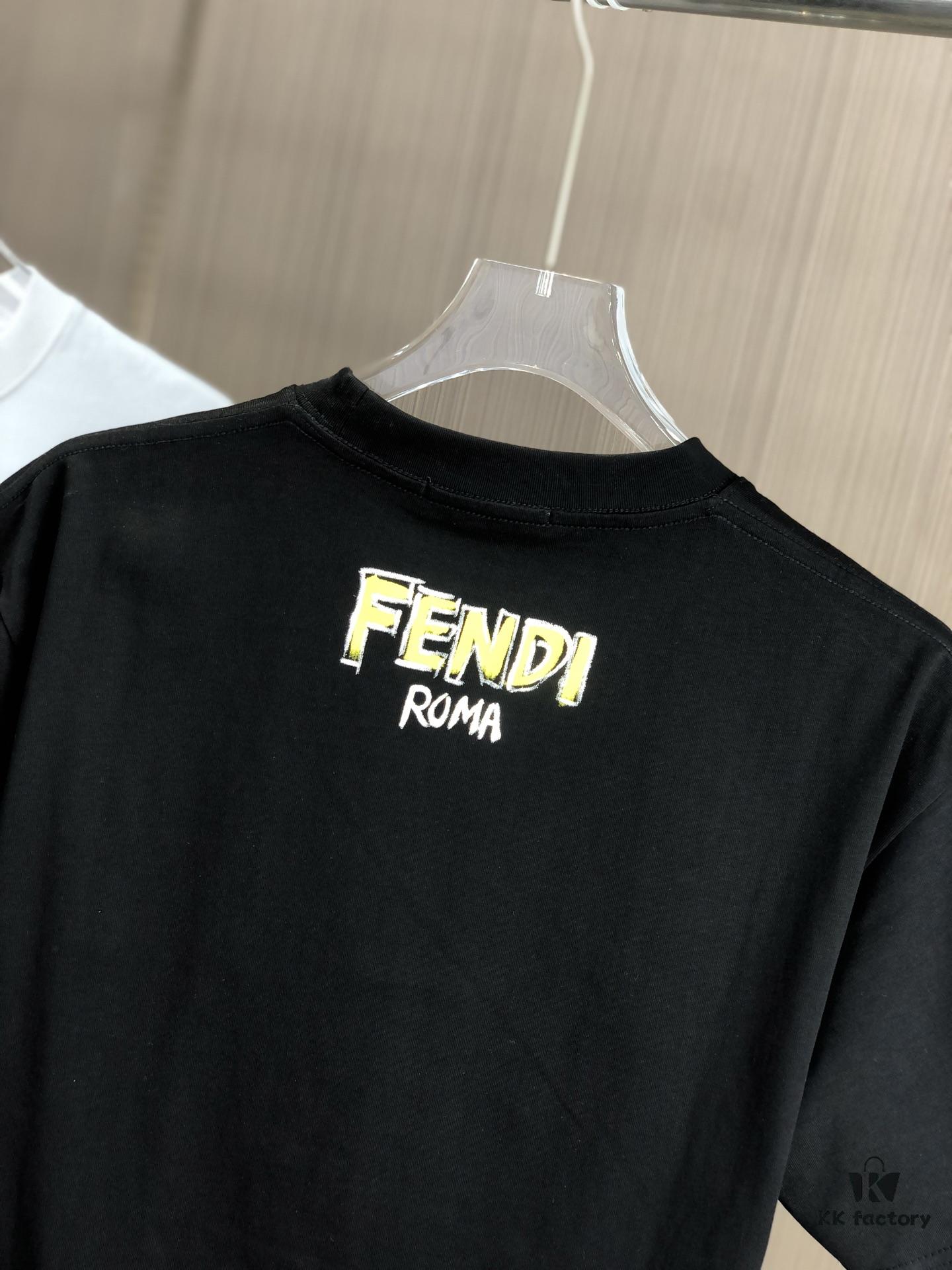 6931a12fccd8ab3d7af951d3 FENDI Fendi 2025 Spring/Summer New Arrival Round Neck Short Sleeve T-Shirt with Hand-Painted Front and Back Print, Made from 320g Double-Yarn Combed Cotton, Slightly Loose Fit, Soft and Substantial Fabric, Unisex Design