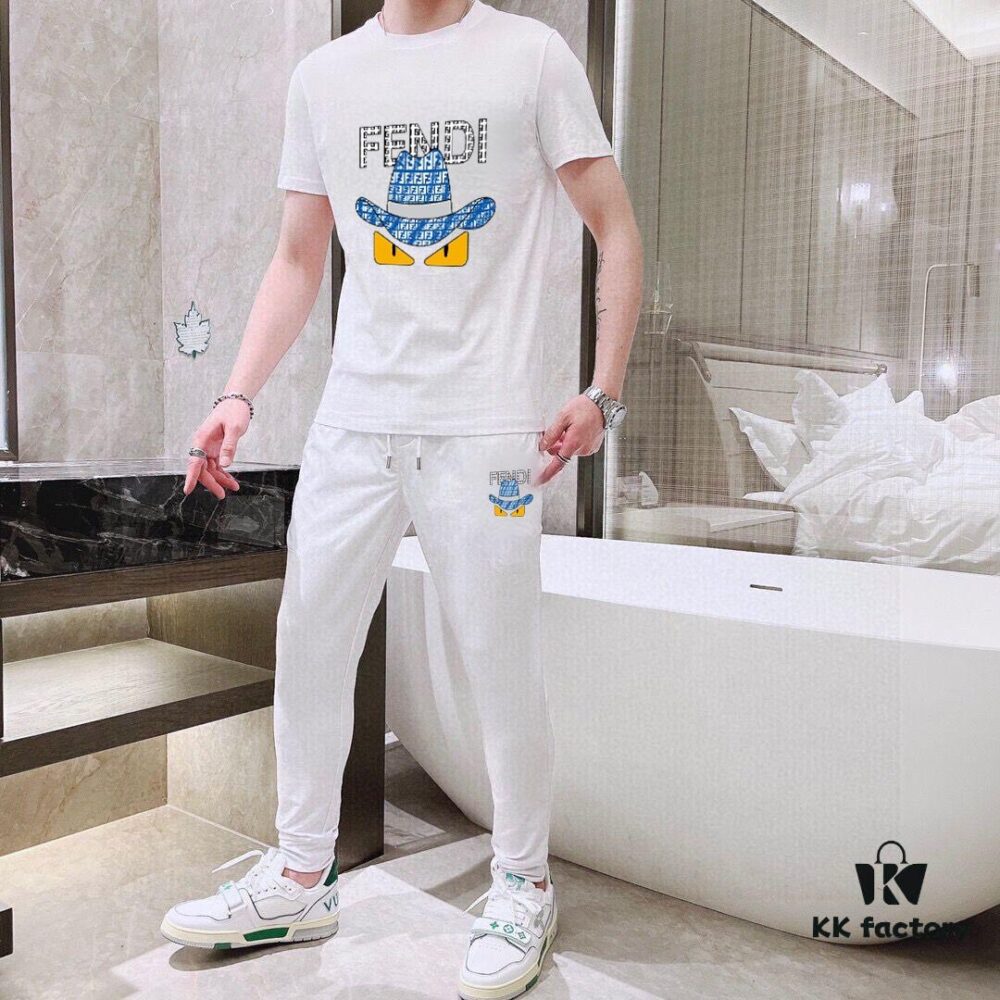 FENDI Men's High-Quality Double-Mercerized Cotton Summer Suit Set, Imported Premium Fabric, Trendy and Versatile Design