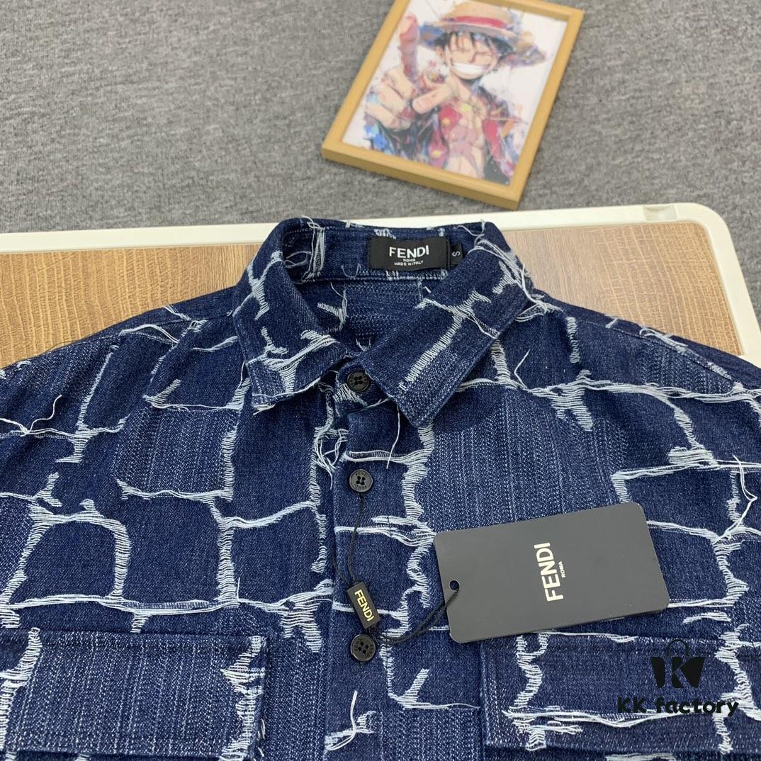 6931a132ccd8ab3d7af95210 New FENDI Logo Jacquard Denim Shirt with Fringe and Double F Pattern, Spring/Summer 2024 Collection Long Sleeve Casual Shirt