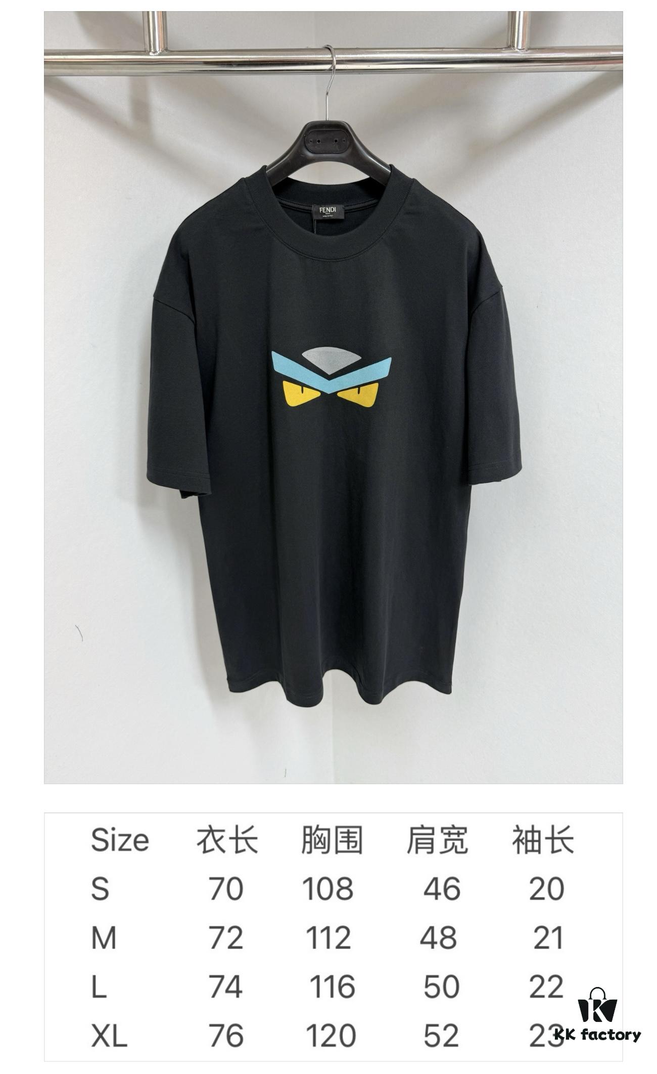 6931a146ccd8ab3d7af95369 FENDI Round-Neck Short-Sleeve T-Shirt with Eye Print, Pure Cotton Fabric Featuring Gold Snake-Eye Design and Lettering Logo, Mother-of-Pearl Buttons