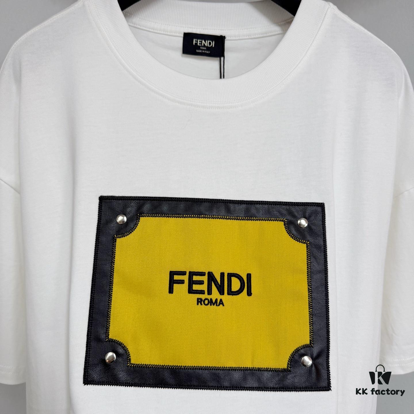 6931a146ccd8ab3d7af9536c FENDI Panelled Leather Letter Appliqué Round-Neck Short-Sleeve T-Shirt