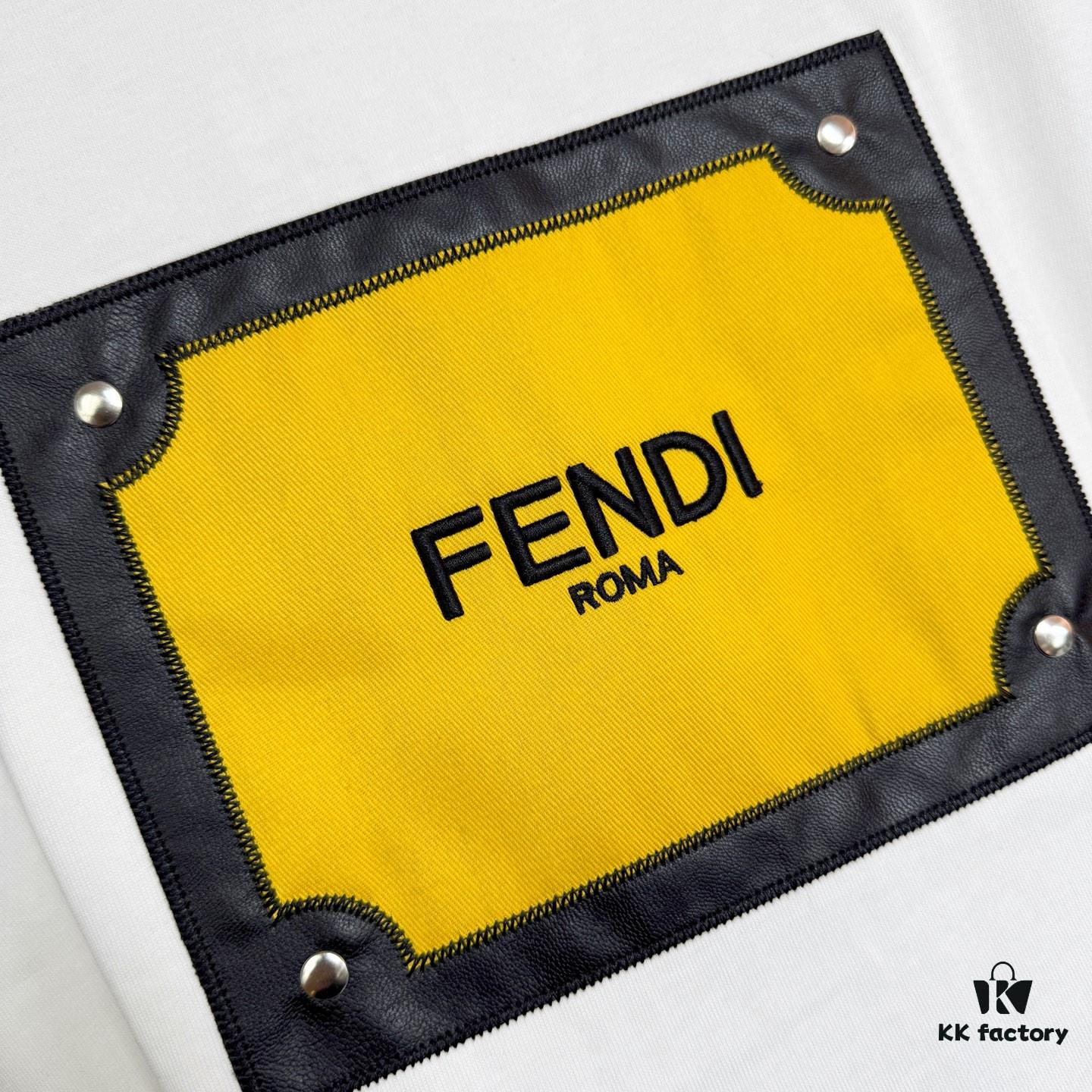 6931a146ccd8ab3d7af9536d FENDI Panelled Leather Letter Appliqué Round-Neck Short-Sleeve T-Shirt