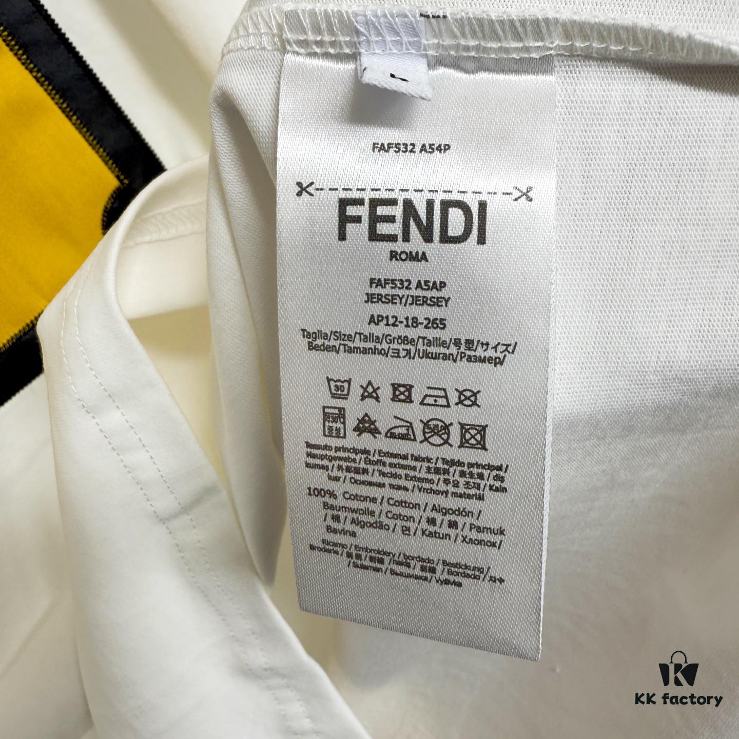 6931a146ccd8ab3d7af9536f FENDI Panelled Leather Letter Appliqué Round-Neck Short-Sleeve T-Shirt