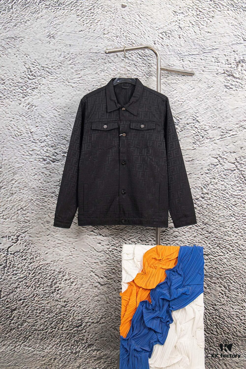 6931a14accd8ab3d7af953ae FENDI FEND Heavyweight Denim Jacket Coat in Shirt Style, Custom Woven Fabric with FF Jacquard and Towel-Like Bold Lettering