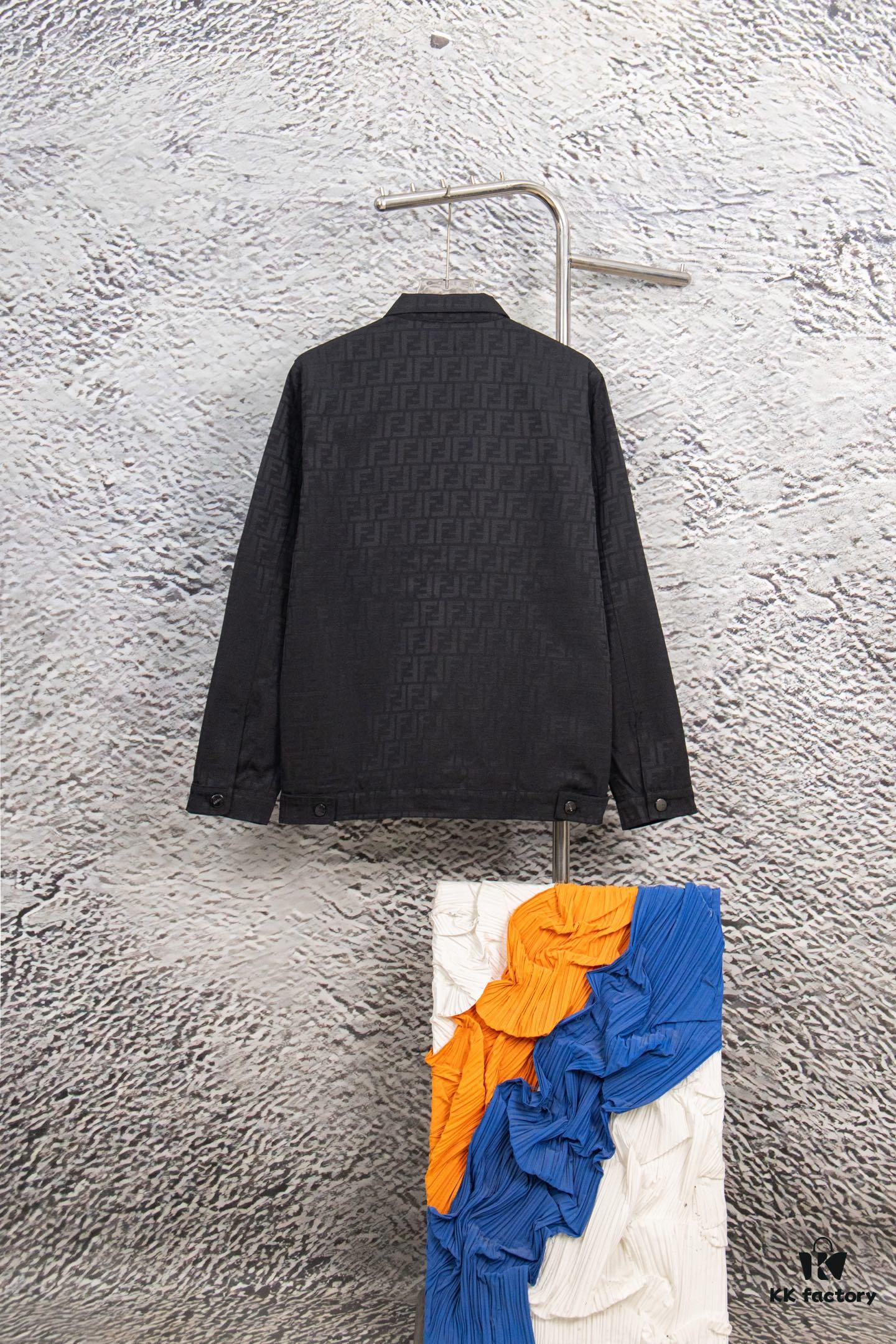 6931a14accd8ab3d7af953af FENDI FEND Heavyweight Denim Jacket Coat in Shirt Style, Custom Woven Fabric with FF Jacquard and Towel-Like Bold Lettering