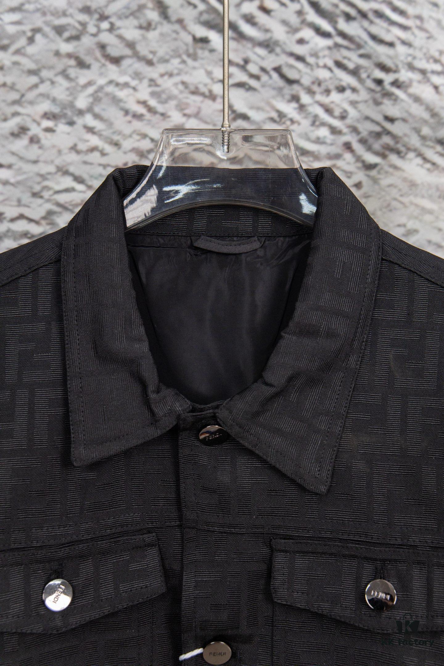 6931a14accd8ab3d7af953b0 FENDI FEND Heavyweight Denim Jacket Coat in Shirt Style, Custom Woven Fabric with FF Jacquard and Towel-Like Bold Lettering