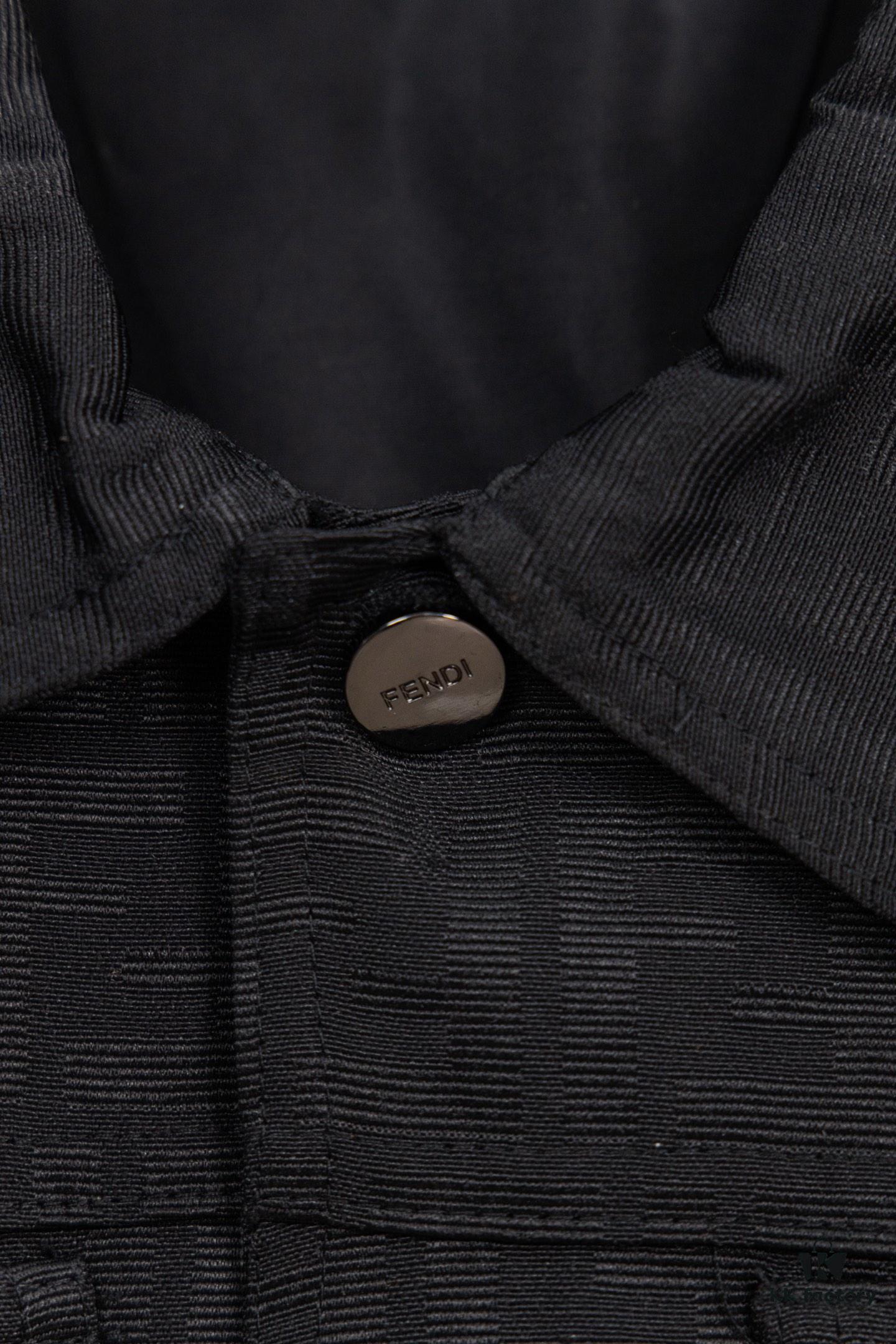 6931a14accd8ab3d7af953b1 FENDI FEND Heavyweight Denim Jacket Coat in Shirt Style, Custom Woven Fabric with FF Jacquard and Towel-Like Bold Lettering