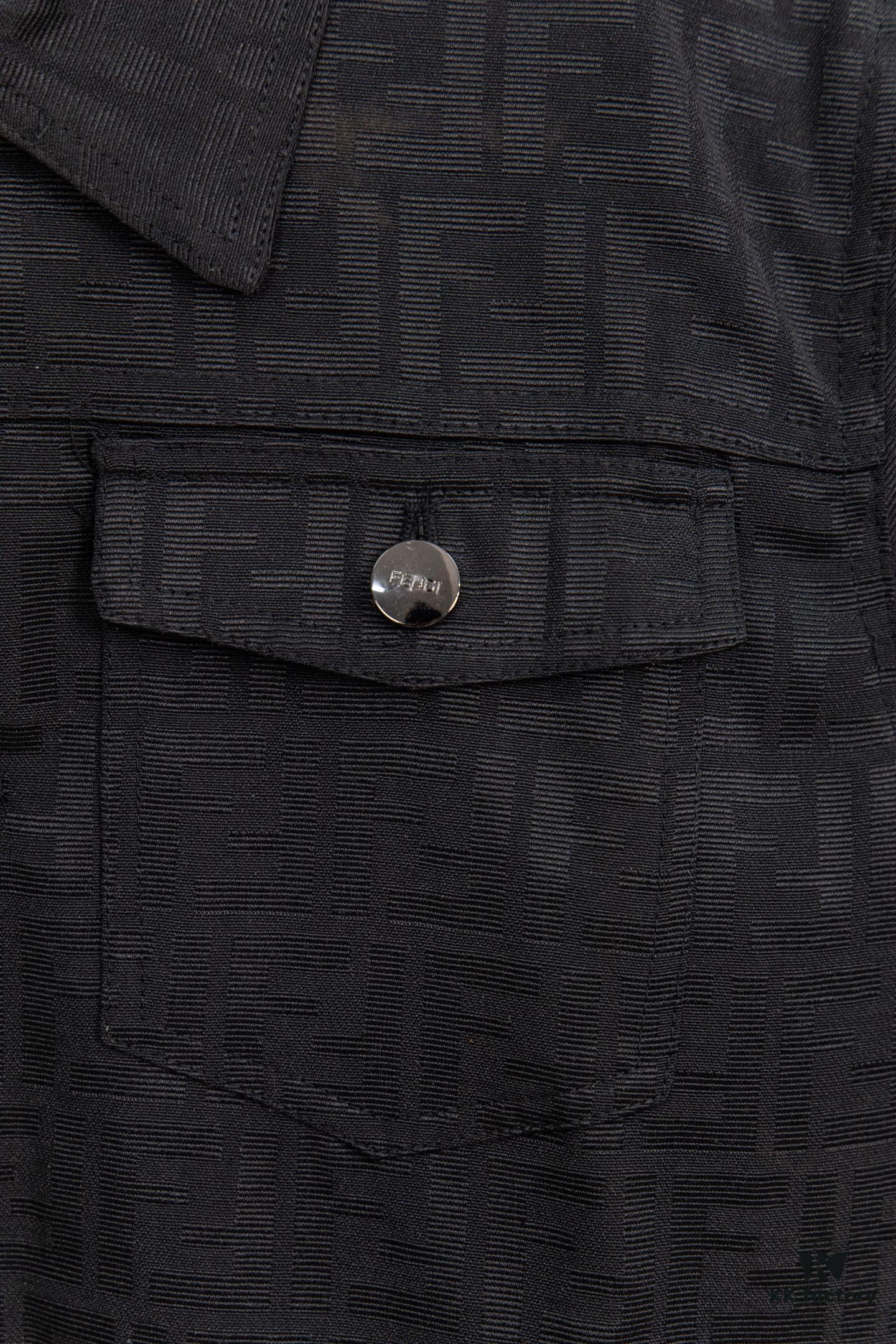 6931a14accd8ab3d7af953b2 FENDI FEND Heavyweight Denim Jacket Coat in Shirt Style, Custom Woven Fabric with FF Jacquard and Towel-Like Bold Lettering