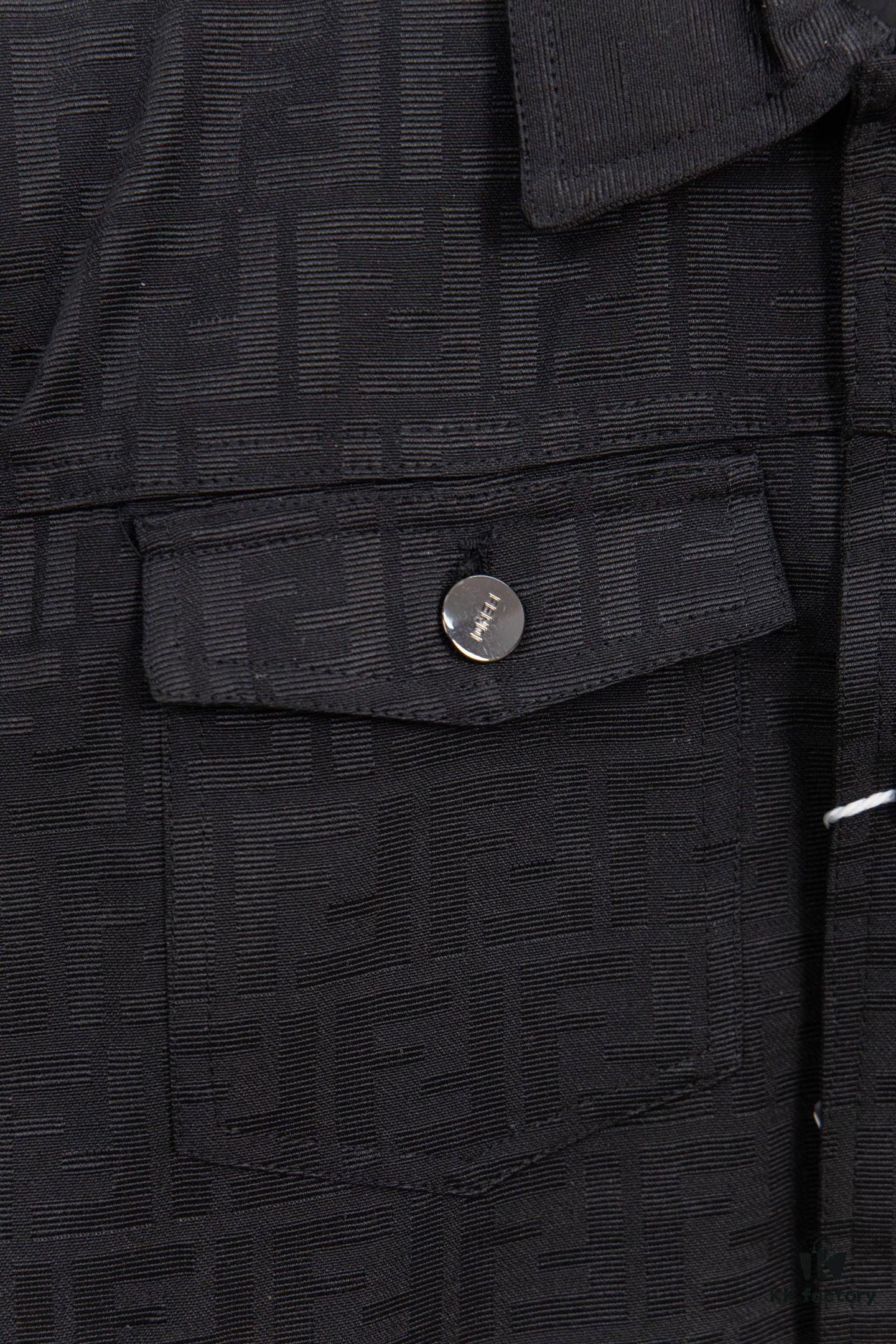6931a14accd8ab3d7af953b3 FENDI FEND Heavyweight Denim Jacket Coat in Shirt Style, Custom Woven Fabric with FF Jacquard and Towel-Like Bold Lettering