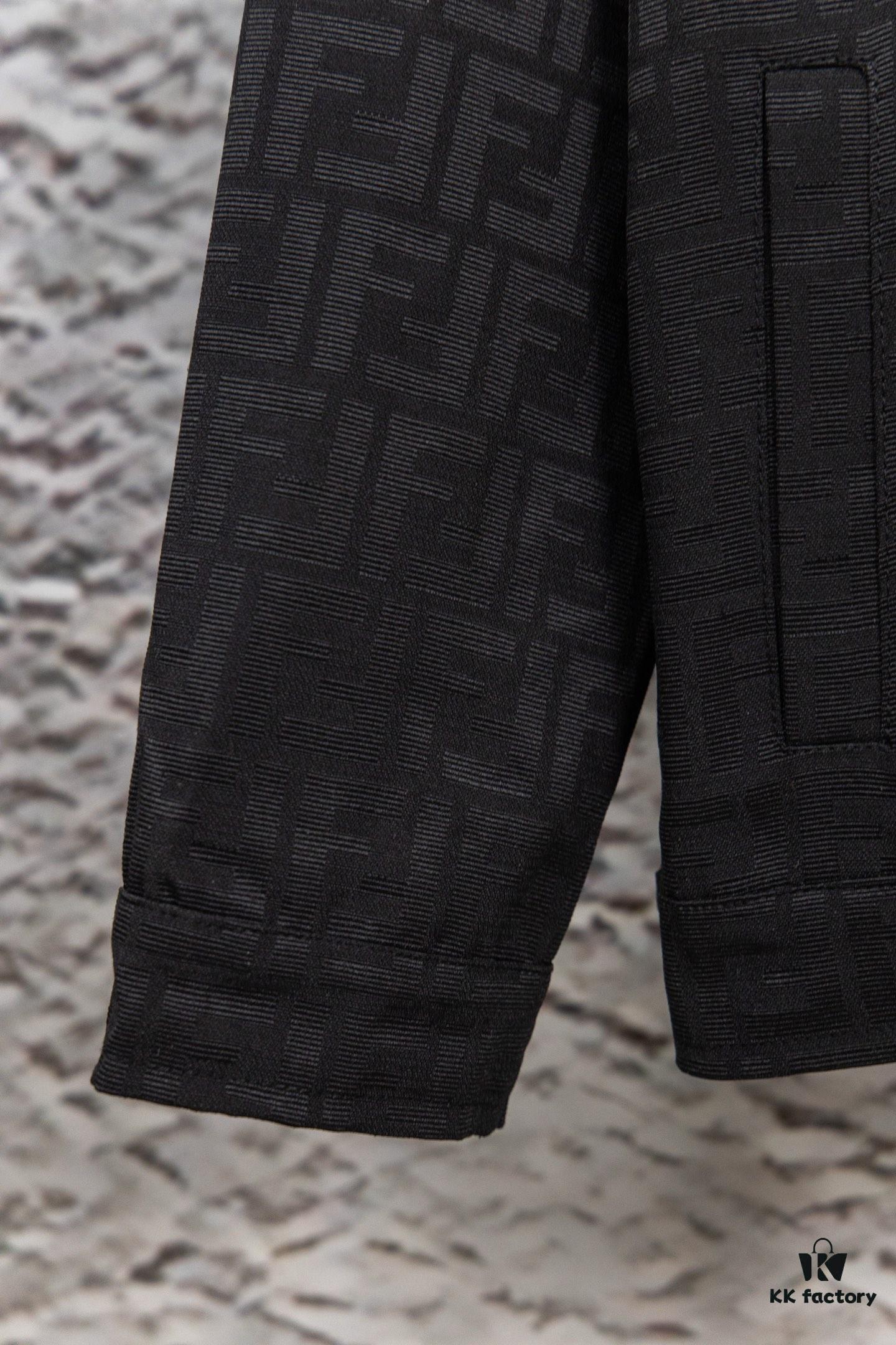 6931a14accd8ab3d7af953b5 FENDI FEND Heavyweight Denim Jacket Coat in Shirt Style, Custom Woven Fabric with FF Jacquard and Towel-Like Bold Lettering