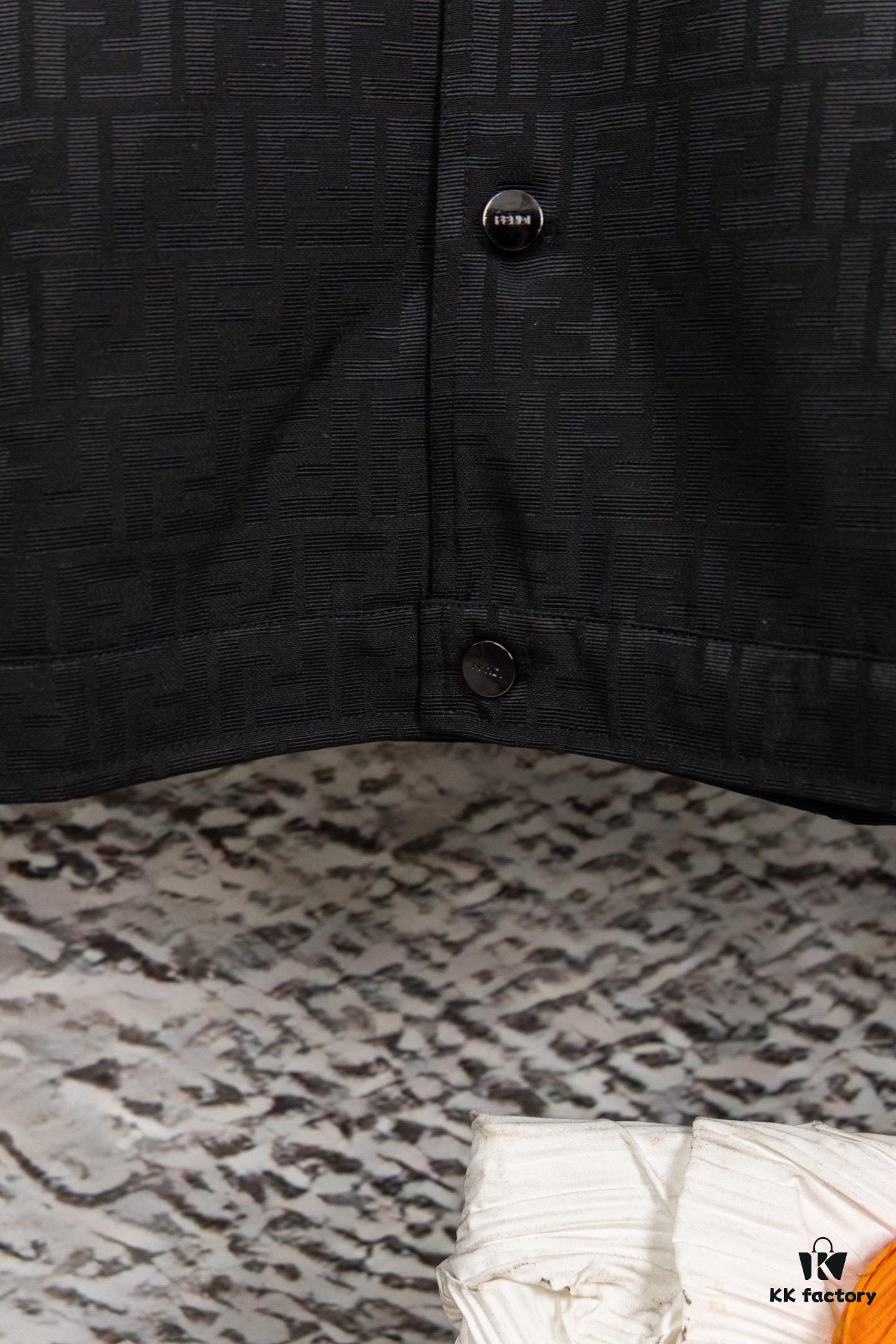 6931a14accd8ab3d7af953b8 FENDI FEND Heavyweight Denim Jacket Coat in Shirt Style, Custom Woven Fabric with FF Jacquard and Towel-Like Bold Lettering