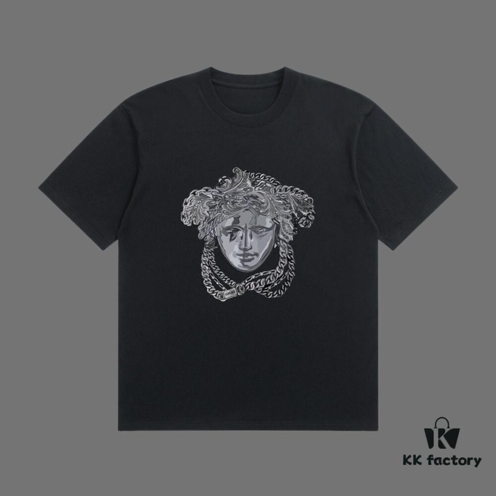 VERSACE 2025 Fall Spring/Summer Collection Medusa Logo Short Sleeve T-Shirt, Premium Quality, Distinctive from Regular Print, Custom Woven 270G 32-Count Double-Yarn Pure Cotton Fabric, Loose Fit Unisex Design