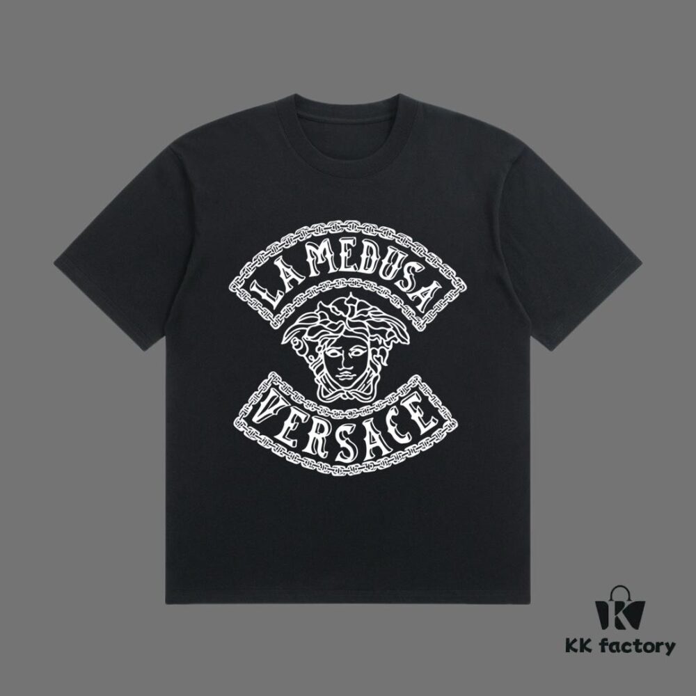 VERSACE 2025 Fall Spring/Summer Collection Medusa Logo Short Sleeve T-Shirt, Premium Quality, Custom Woven 270G 32-Count Double-Yarn Pure Cotton Fabric, Relaxed Fit Unisex Design