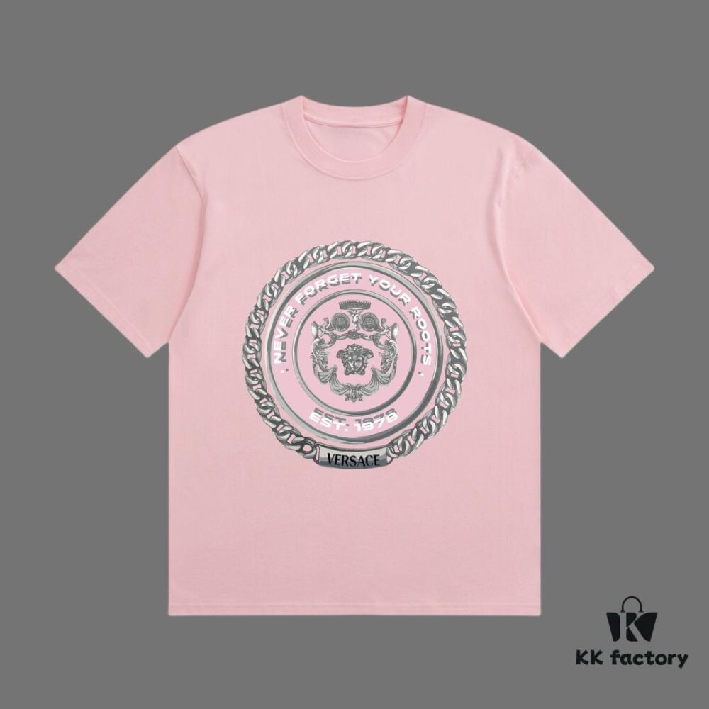 VERSACE 2025 Fall Spring/Summer Collection Metallic Medusa Logo Short-Sleeve T-Shirt, Distinct from Regular Print, Crafted in Premium 270G 32-Count Double-Yarn Pure Cotton Fabric, Relaxed Fit Unisex Design