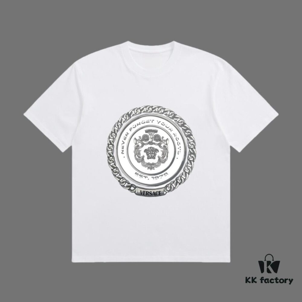VERSACE 2025 Fall Spring/Summer Collection Metal Medusa Logo Short Sleeve T-Shirt, Premium 270G 32-Count Double-Yarn Pure Cotton Fabric, Relaxed Unisex Fit