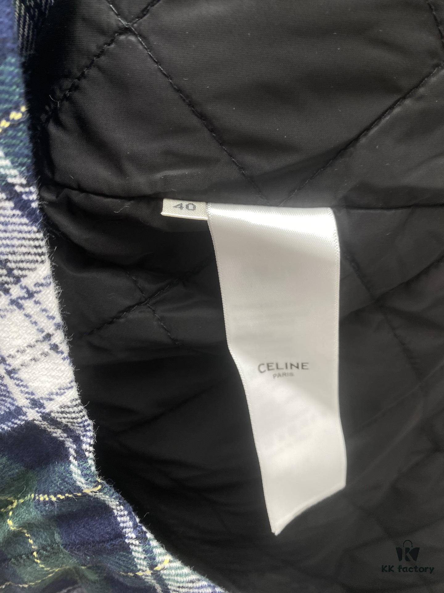 Celine 24sd Autumn-Winter Bestseller Arc de Triomphe Single-Breasted Green Plaid Tweed Coat Shirt, High-End Version