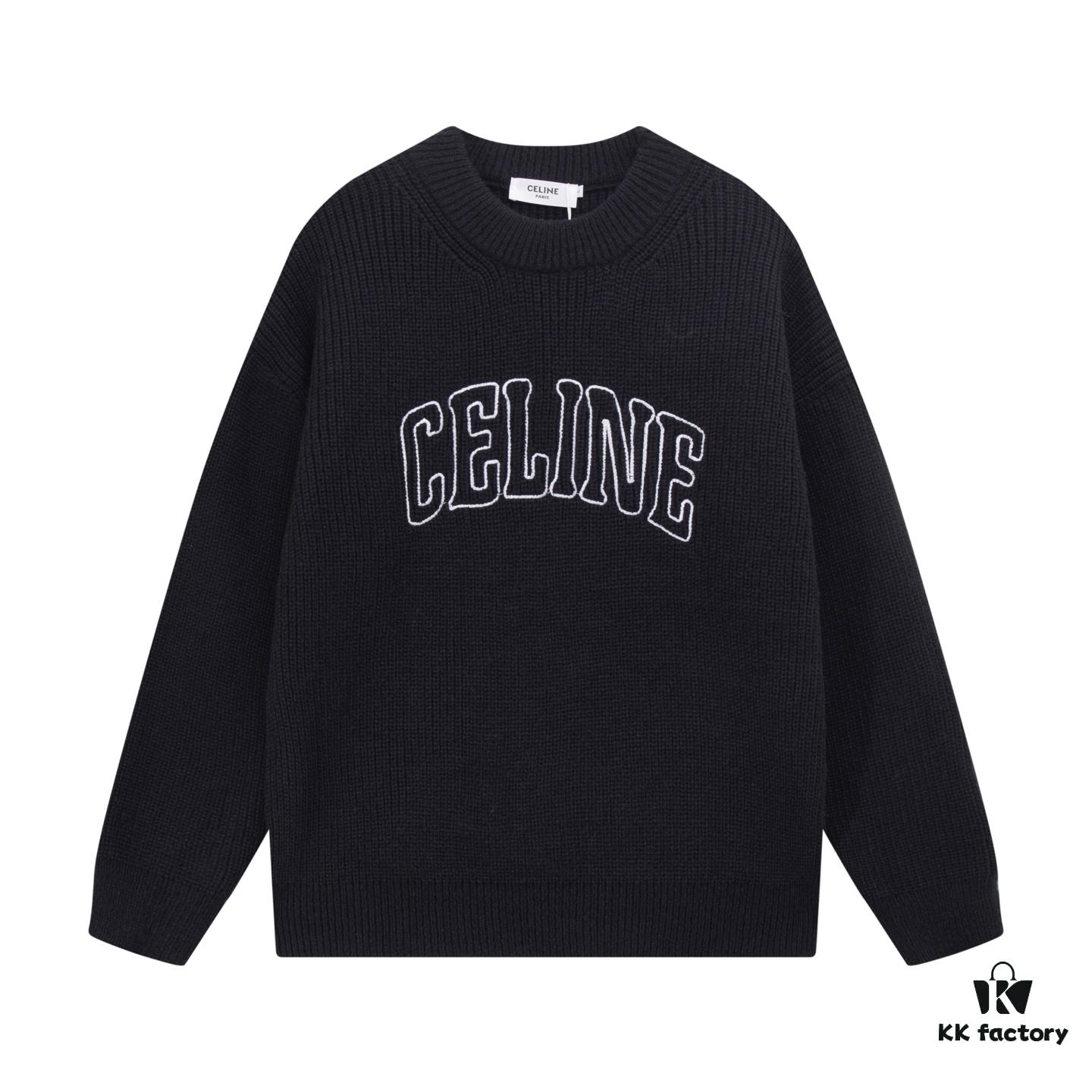 Celine Embroidered Letter Round Neck Wool Sweater