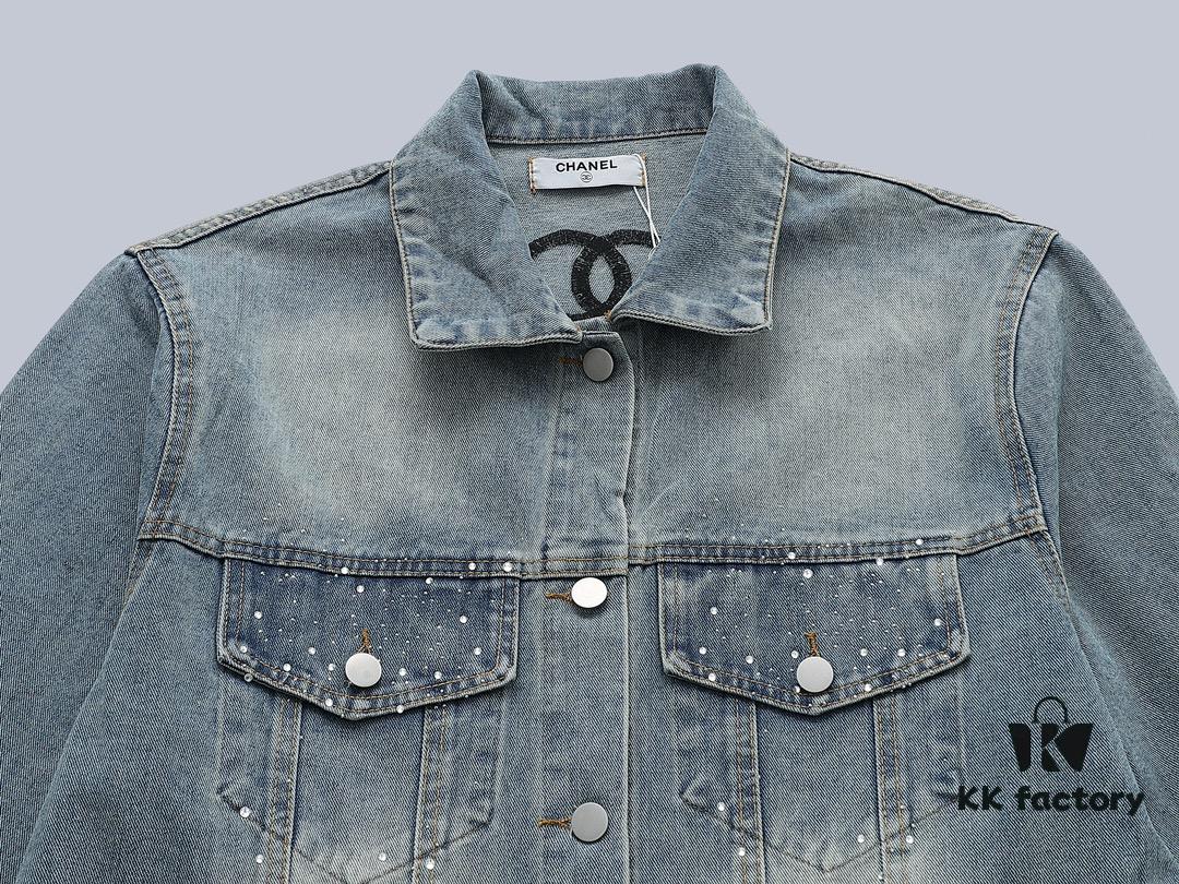 Top Version (Different from Standard Stock) Chanel CHANEL Rhinestone Embellished Denim Jacket Coat
