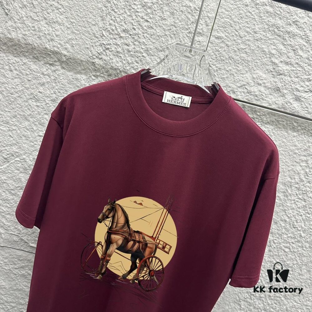 6931a281ccd8ab3d7af96945 Hermes 2025 Spring/Summer New Arrival Moon Horse Print Custom Double Gauze Plain Cotton Short Sleeve T-Shirt Unisex