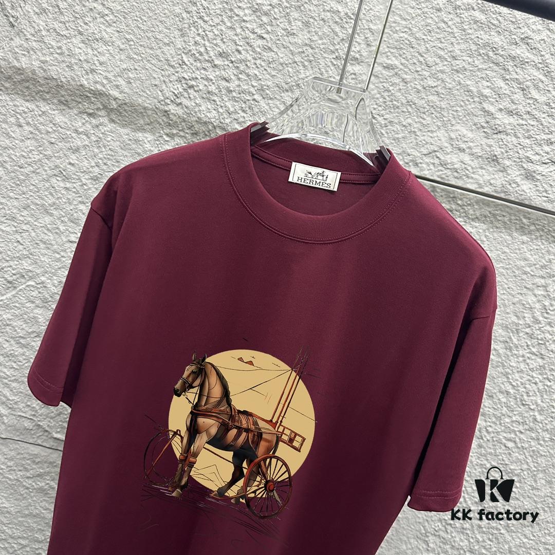 6931a281ccd8ab3d7af96945 Hermes 2025 Spring/Summer New Arrival Moon Horse Print Custom Double Gauze Plain Cotton Short Sleeve T-Shirt Unisex