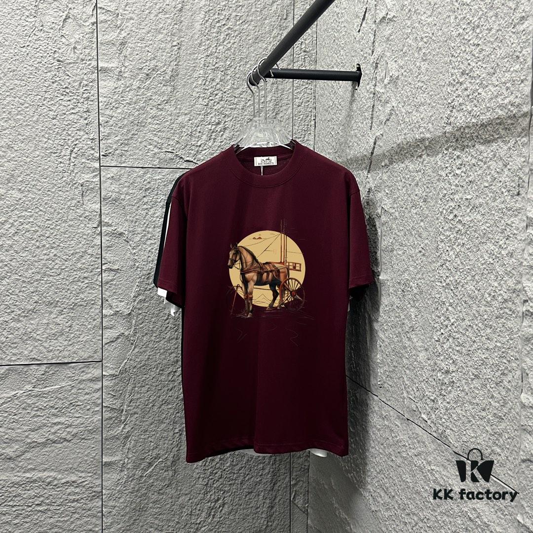 6931a281ccd8ab3d7af96946 Hermes 2025 Spring/Summer New Arrival Moon Horse Print Custom Double Gauze Plain Cotton Short Sleeve T-Shirt Unisex