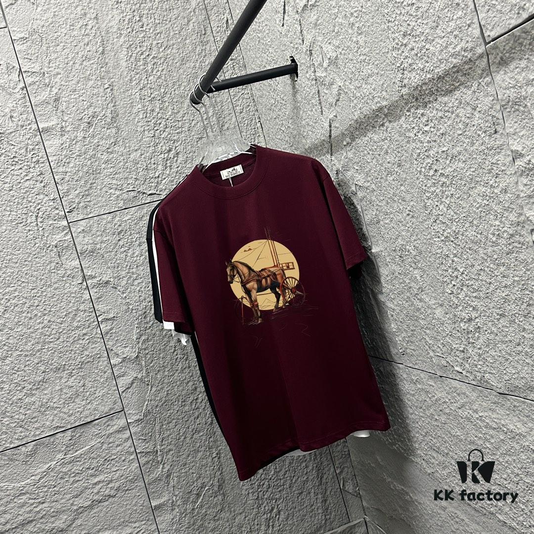 6931a281ccd8ab3d7af96947 Hermes 2025 Spring/Summer New Arrival Moon Horse Print Custom Double Gauze Plain Cotton Short Sleeve T-Shirt Unisex