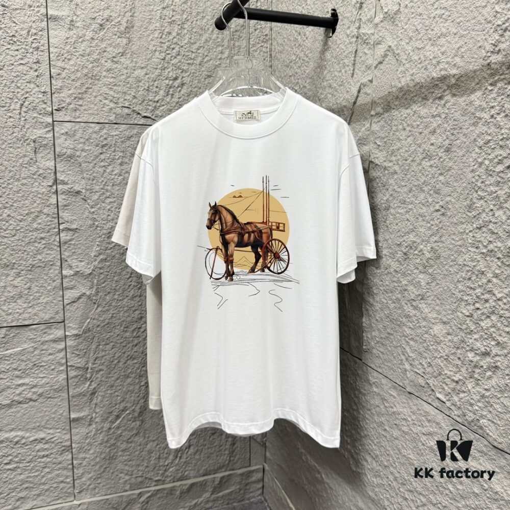 6931a282ccd8ab3d7af9694e Hermes 2025 Spring/Summer New Arrival Moon Horse Print Custom Double Gauze Plain Cotton Short Sleeve T-Shirt Unisex