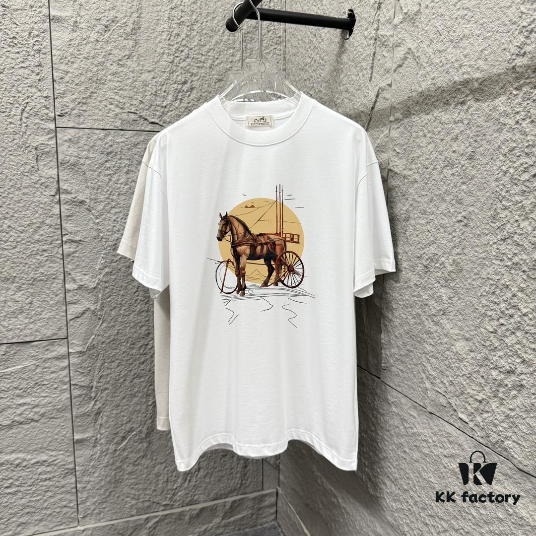6931a282ccd8ab3d7af9694e Hermes 2025 Spring/Summer New Arrival Moon Horse Print Custom Double Gauze Plain Cotton Short Sleeve T-Shirt Unisex