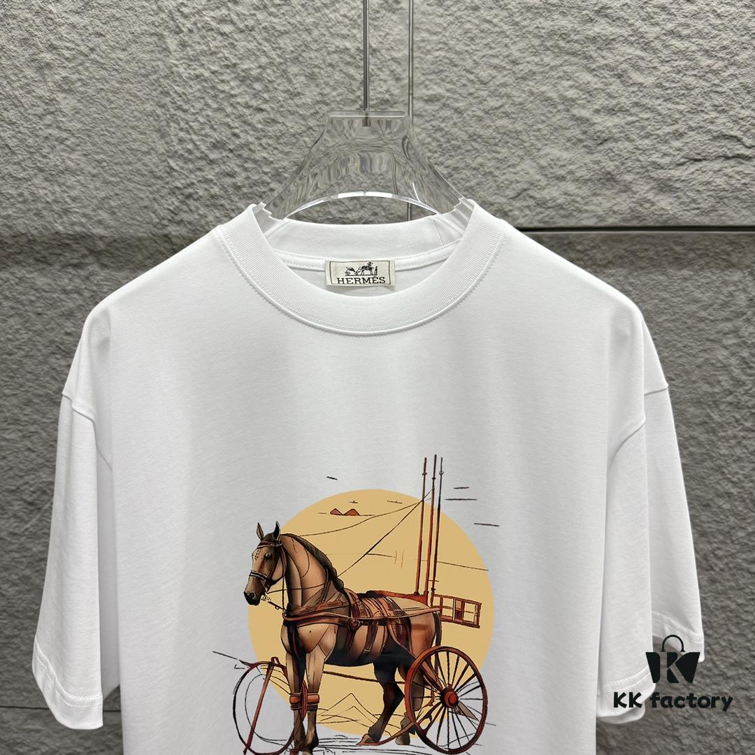 6931a282ccd8ab3d7af9694f Hermes 2025 Spring/Summer New Arrival Moon Horse Print Custom Double Gauze Plain Cotton Short Sleeve T-Shirt Unisex