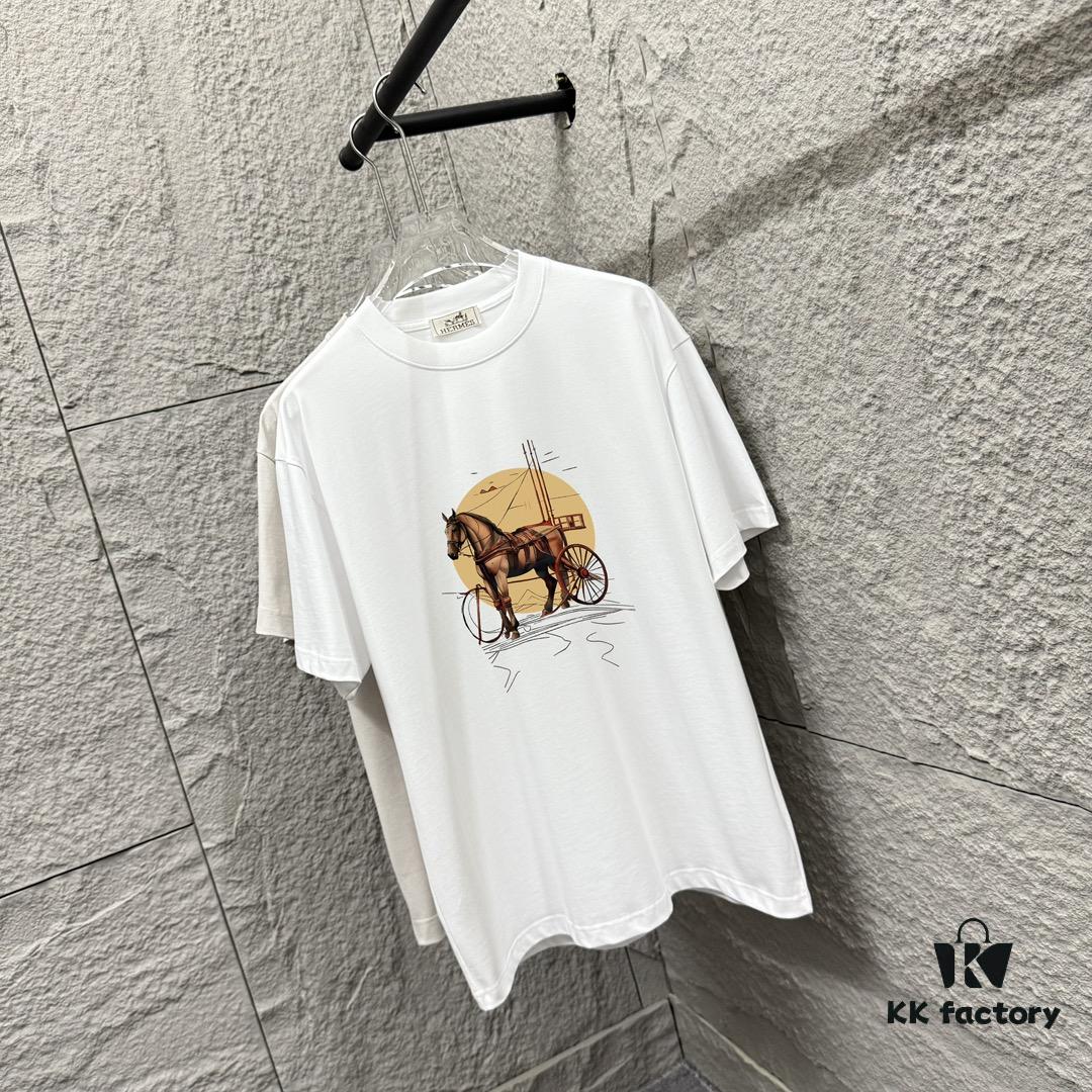 6931a282ccd8ab3d7af96950 Hermes 2025 Spring/Summer New Arrival Moon Horse Print Custom Double Gauze Plain Cotton Short Sleeve T-Shirt Unisex