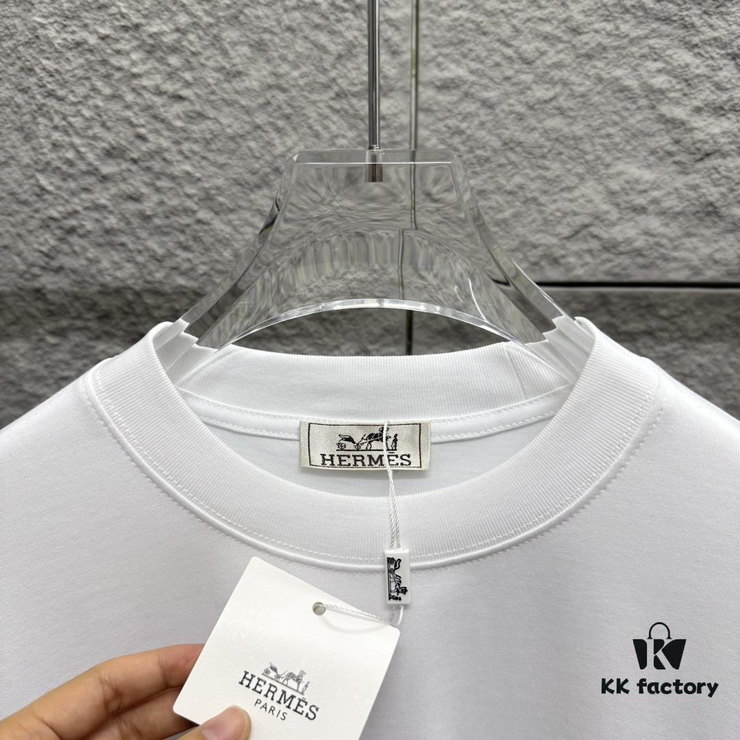 6931a282ccd8ab3d7af96951 Hermes 2025 Spring/Summer New Arrival Moon Horse Print Custom Double Gauze Plain Cotton Short Sleeve T-Shirt Unisex