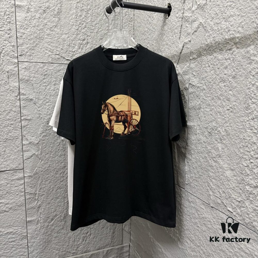 6931a282ccd8ab3d7af96957 Hermes 2025 Spring/Summer New Arrival Moon Horse Print Custom Double Gauze Plain Cotton Short Sleeve T-Shirt Unisex