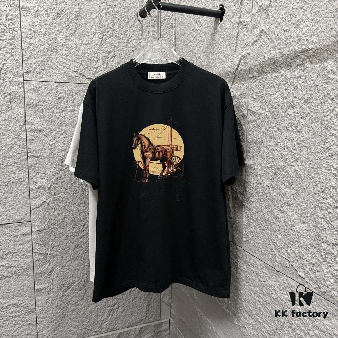 6931a282ccd8ab3d7af96957 Hermes 2025 Spring/Summer New Arrival Moon Horse Print Custom Double Gauze Plain Cotton Short Sleeve T-Shirt Unisex