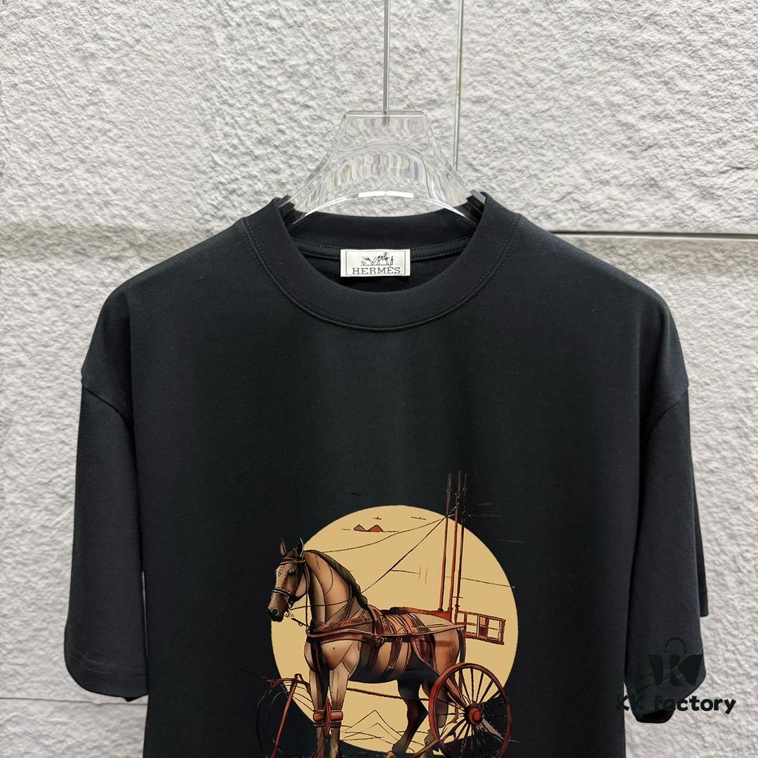 6931a282ccd8ab3d7af96958 Hermes 2025 Spring/Summer New Arrival Moon Horse Print Custom Double Gauze Plain Cotton Short Sleeve T-Shirt Unisex