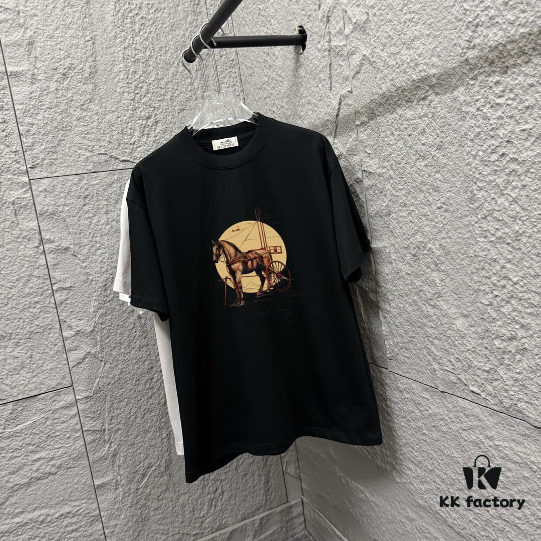 6931a282ccd8ab3d7af96959 Hermes 2025 Spring/Summer New Arrival Moon Horse Print Custom Double Gauze Plain Cotton Short Sleeve T-Shirt Unisex