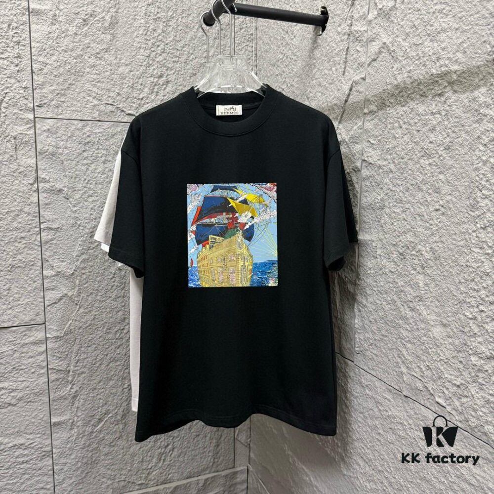 6931a283ccd8ab3d7af96960 Hermès 2025 Spring/Summer New Arrival Sky Sea Freedom Boat Print Custom Double Gauze Plain Cotton Short Sleeve T-Shirt Unisex