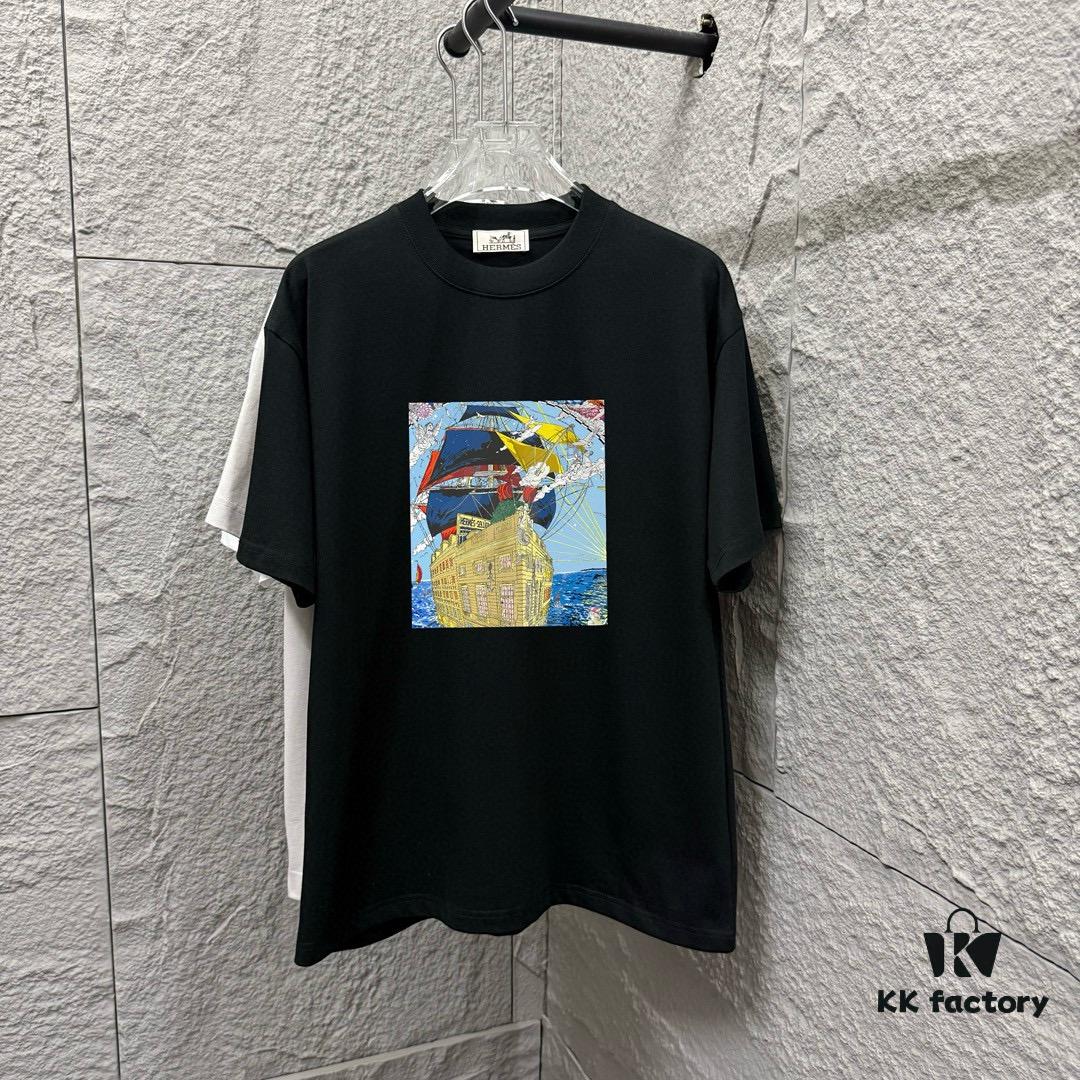 6931a283ccd8ab3d7af96960 Hermès 2025 Spring/Summer New Arrival Sky Sea Freedom Boat Print Custom Double Gauze Plain Cotton Short Sleeve T-Shirt Unisex