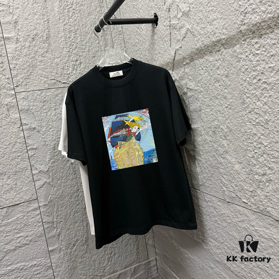 6931a283ccd8ab3d7af96962 Hermès 2025 Spring/Summer New Arrival Sky Sea Freedom Boat Print Custom Double Gauze Plain Cotton Short Sleeve T-Shirt Unisex