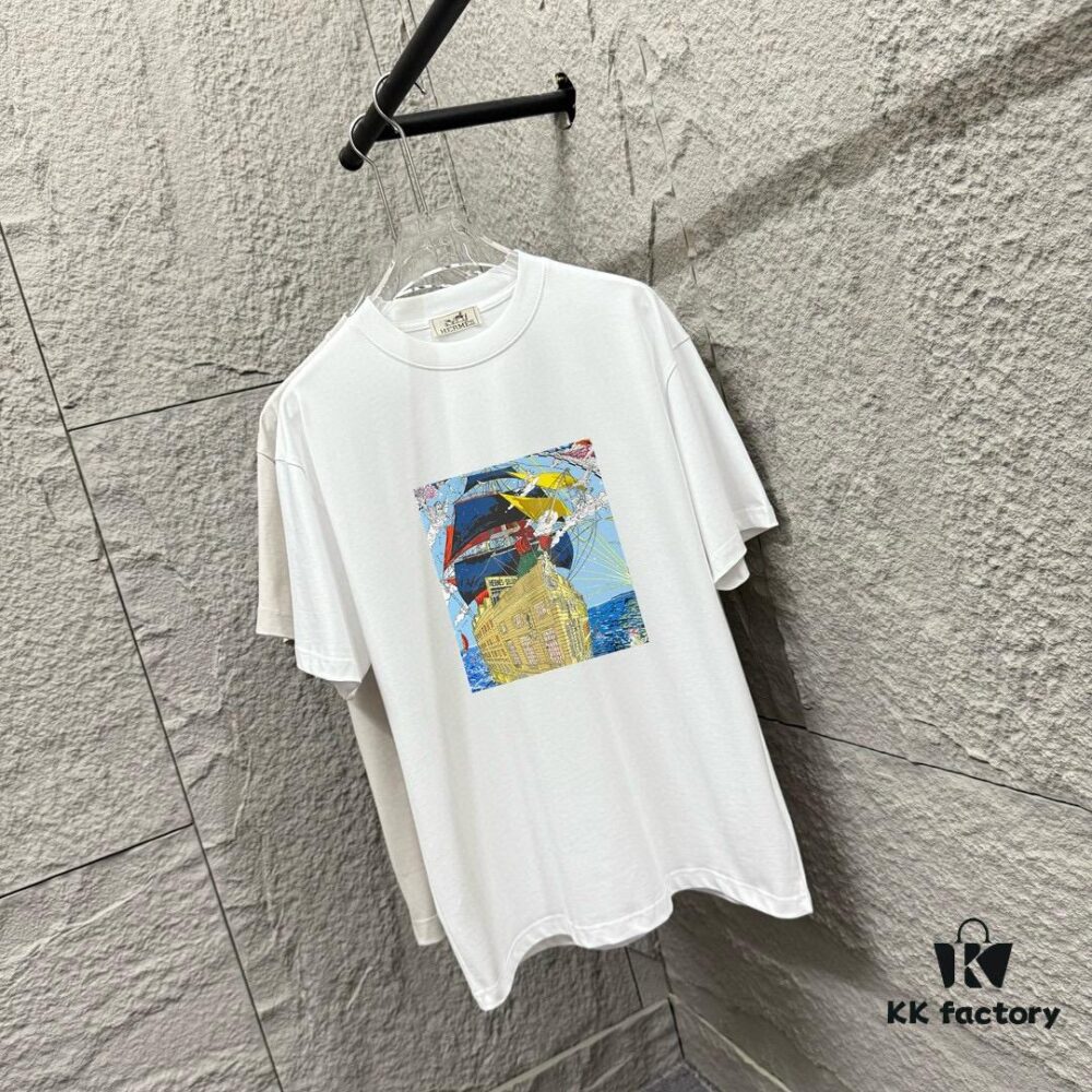 6931a283ccd8ab3d7af96969 Hermes 2025 Spring/Summer New Arrival Sky Sea Freedom Boat Print Custom Double Gauze Plain Cotton Short Sleeve T-Shirt Unisex
