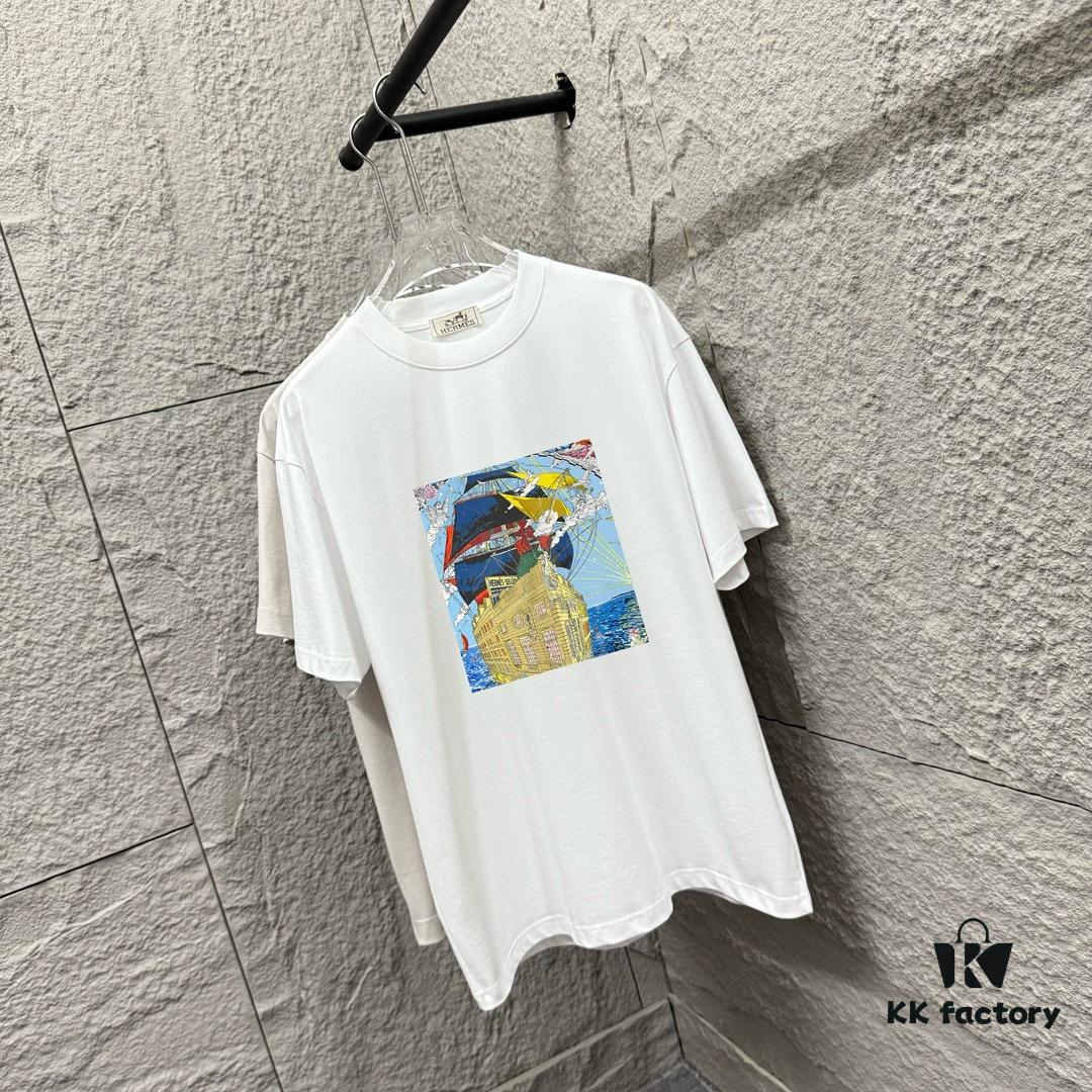 6931a283ccd8ab3d7af96969 Hermes 2025 Spring/Summer New Arrival Sky Sea Freedom Boat Print Custom Double Gauze Plain Cotton Short Sleeve T-Shirt Unisex