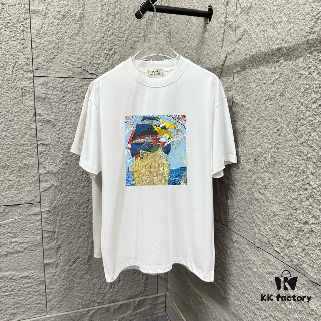 6931a283ccd8ab3d7af9696a Hermes 2025 Spring/Summer New Arrival Sky Sea Freedom Boat Print Custom Double Gauze Plain Cotton Short Sleeve T-Shirt Unisex