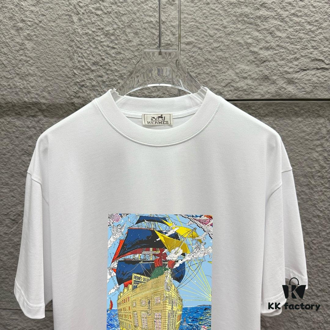 6931a283ccd8ab3d7af9696b Hermes 2025 Spring/Summer New Arrival Sky Sea Freedom Boat Print Custom Double Gauze Plain Cotton Short Sleeve T-Shirt Unisex