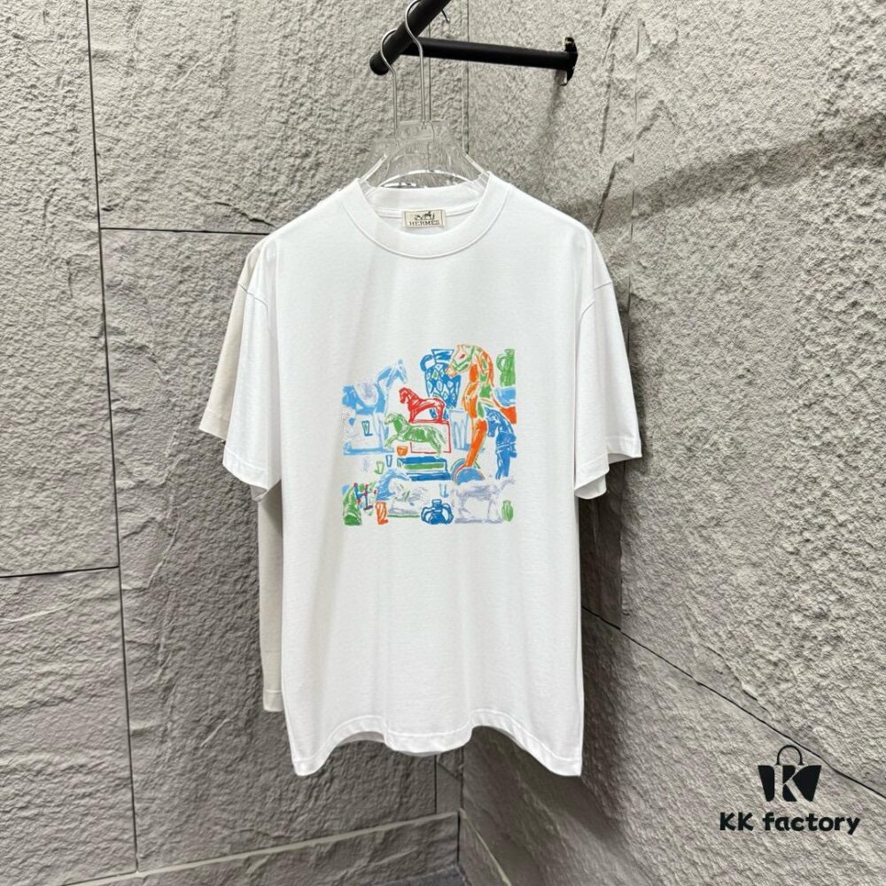 6931a29accd8ab3d7af96b19 Hermes 2025 Spring/Summer New Arrival Building Block Horse Print Custom Double Gauze Plain Cotton Short Sleeve T-Shirt Unisex